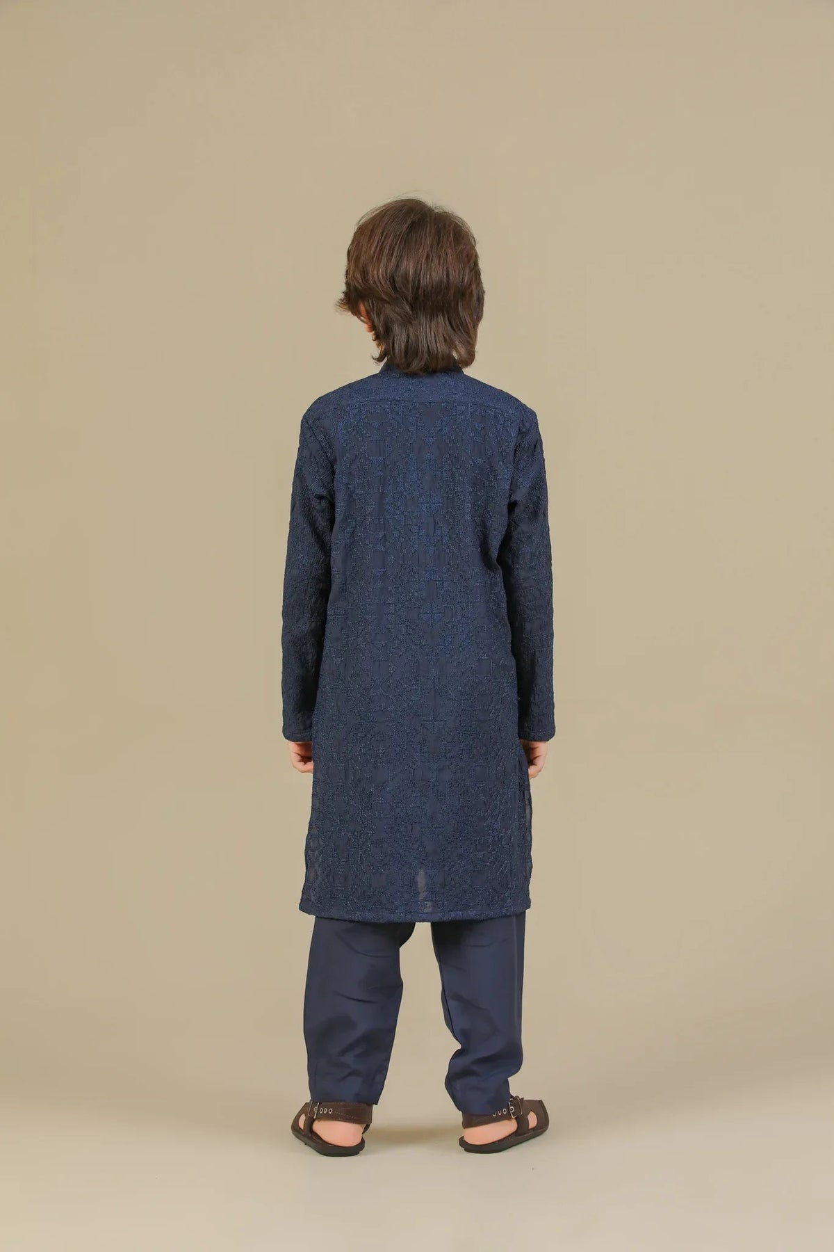 Feroz - Dark Blue Raw Silk Embroidered Kurta Trouser - Kids