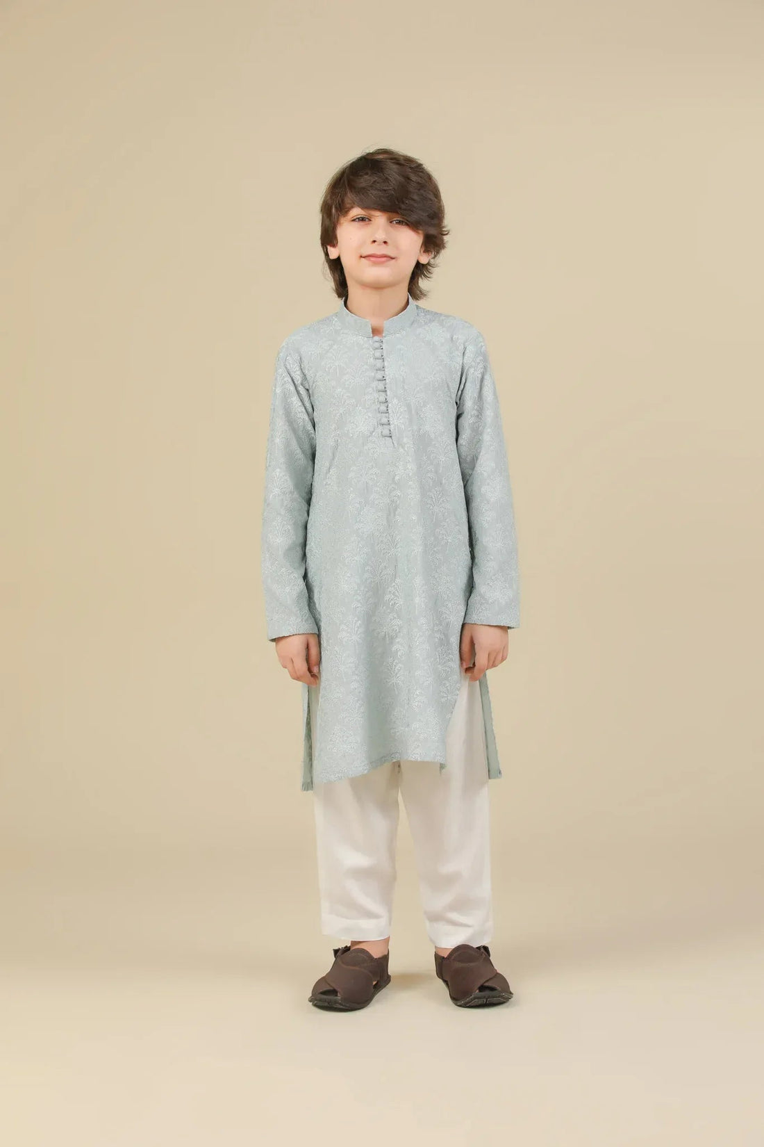Abroo - Ice Blue Raw Silk Embroidered Kurta Trouser - Kids