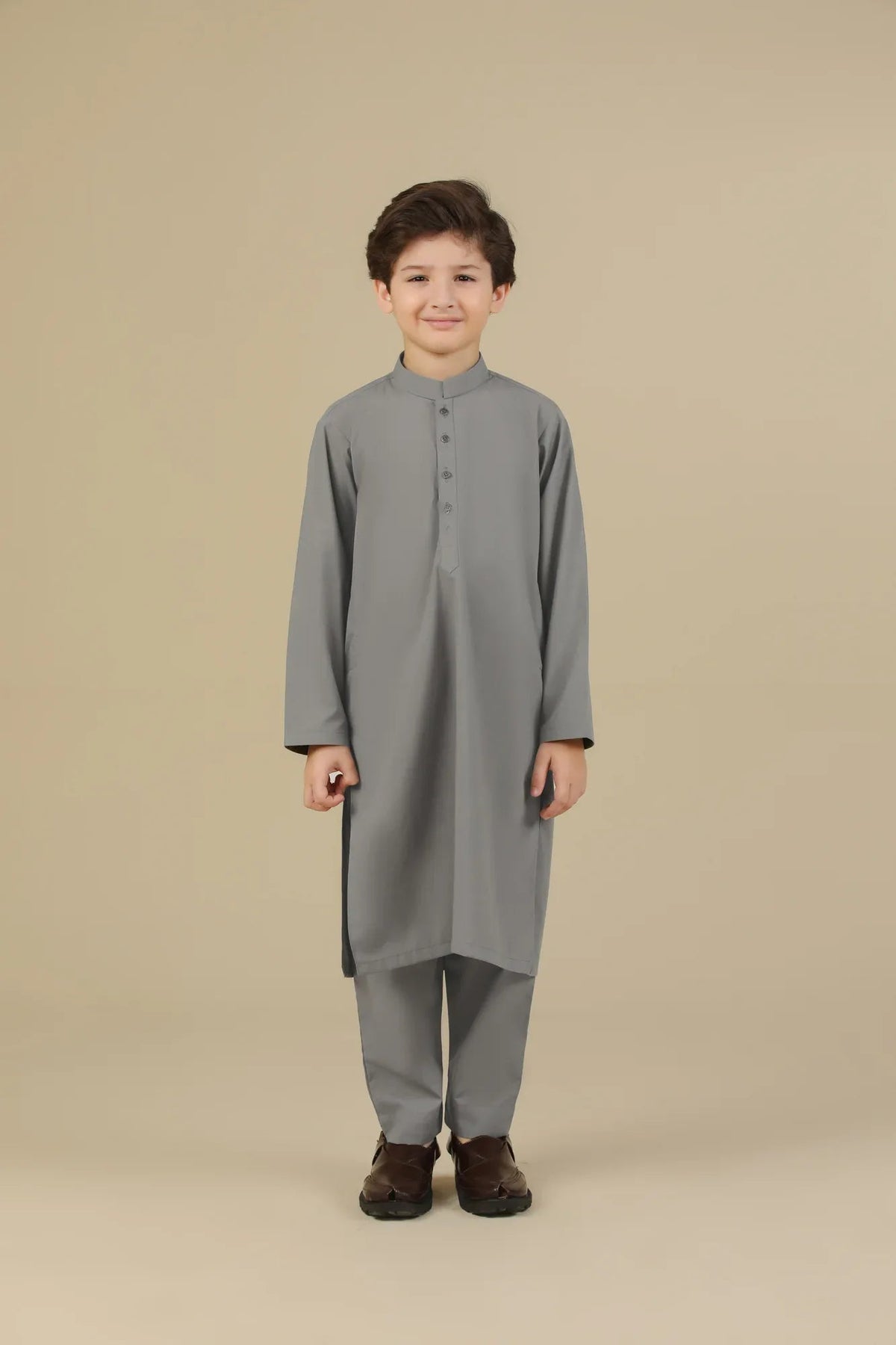 Sand Grey Blended Kurta Trouser - Kids