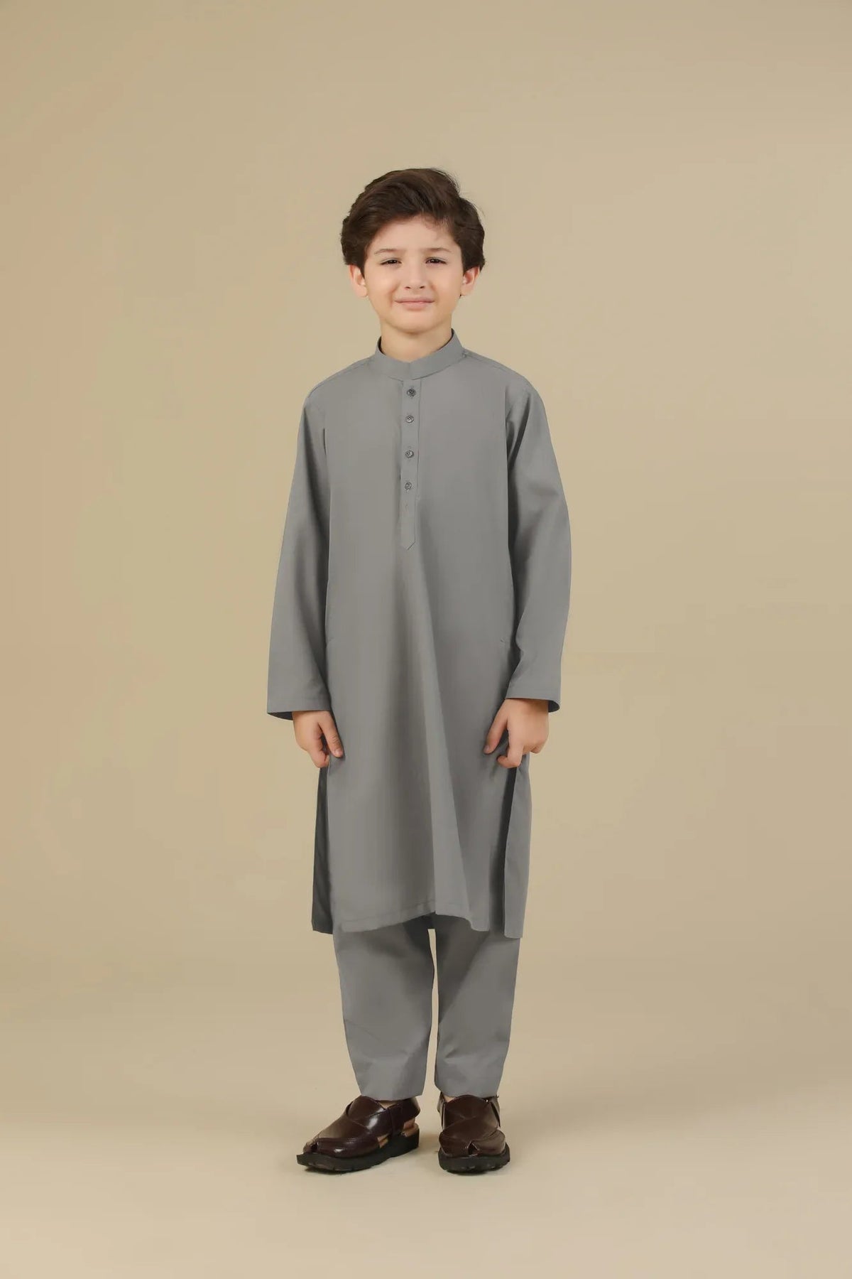 Sand Grey Blended Kurta Trouser - Kids