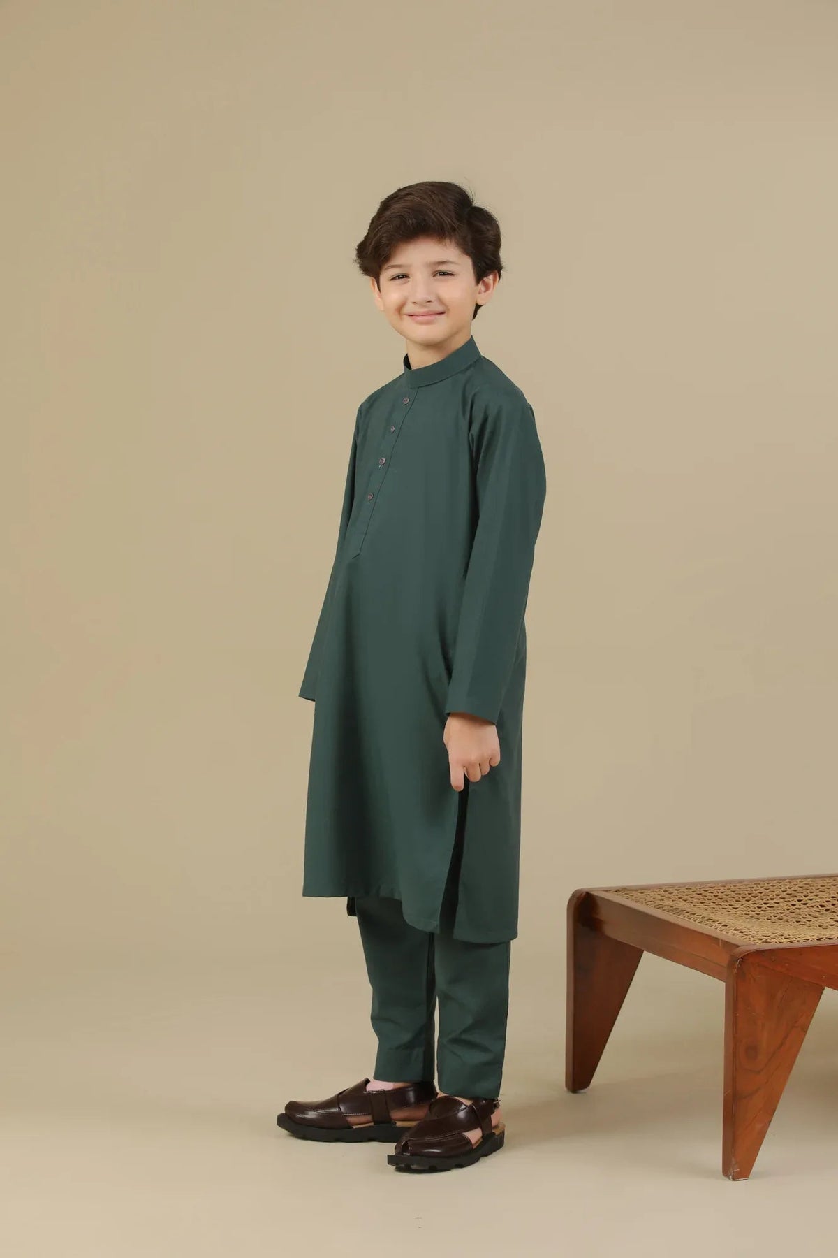 Bottle Green Blended Kurta Trouser - Kids