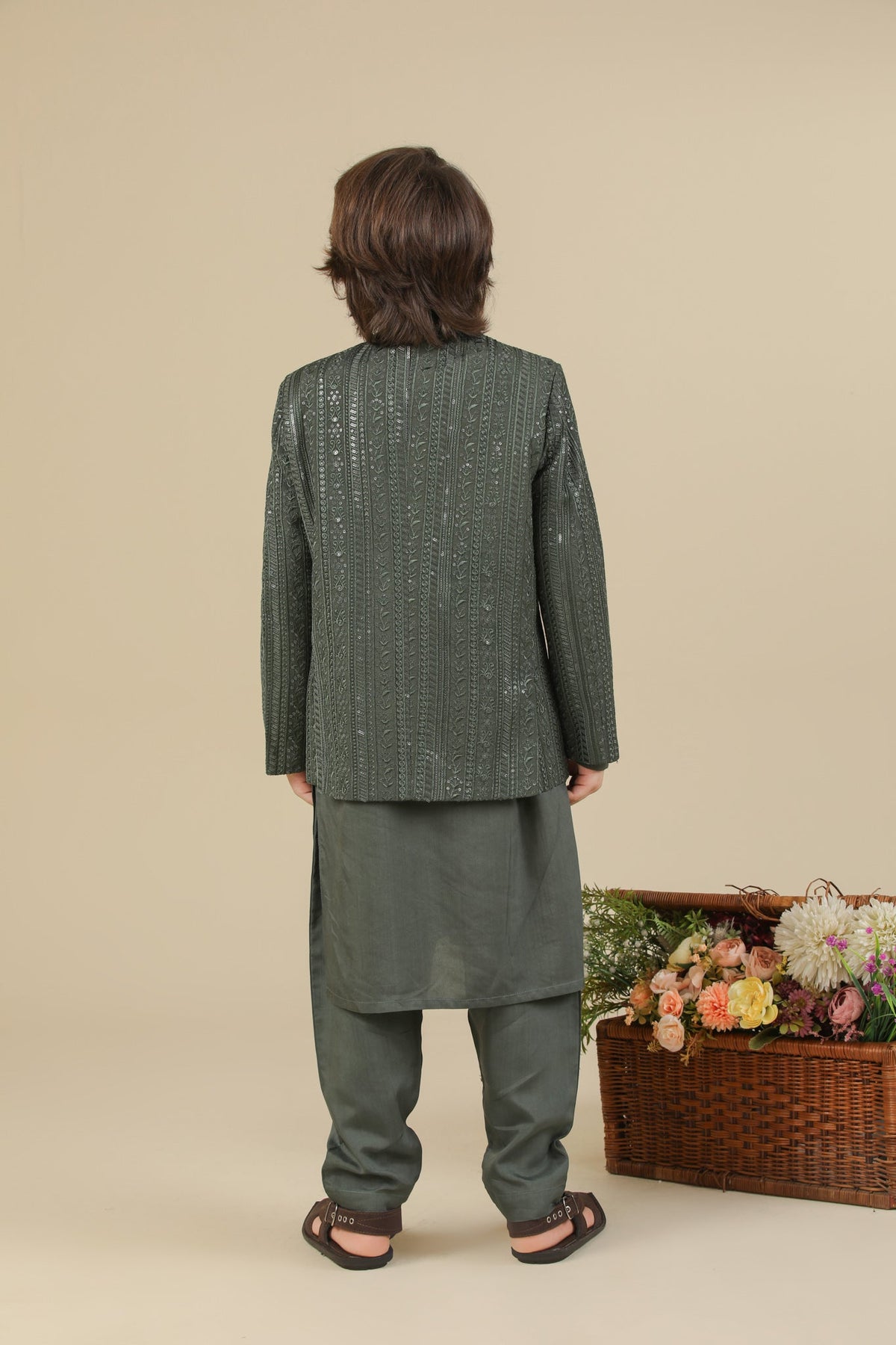 Olive Green Falling Embroidered Prince Coat - Kids