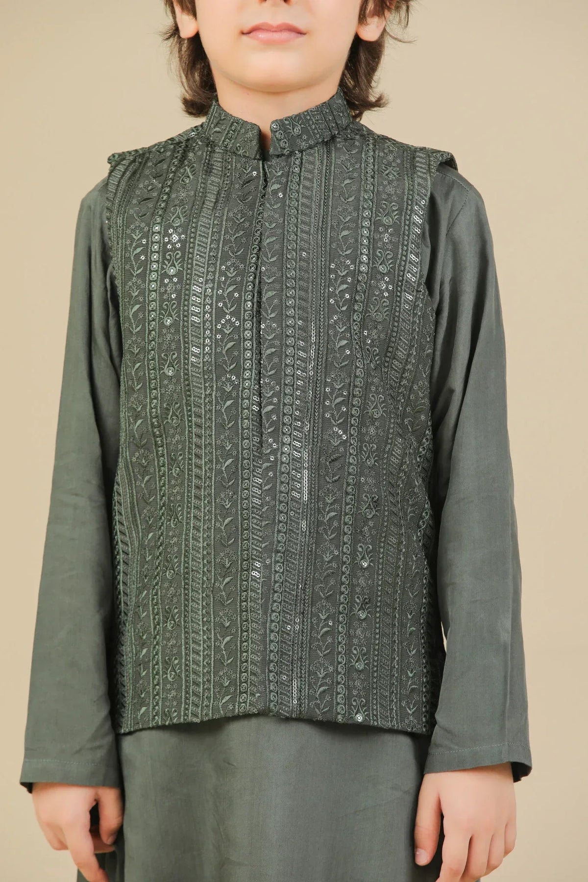 Olive Green Falling Embroidered Waistcoat - Kids