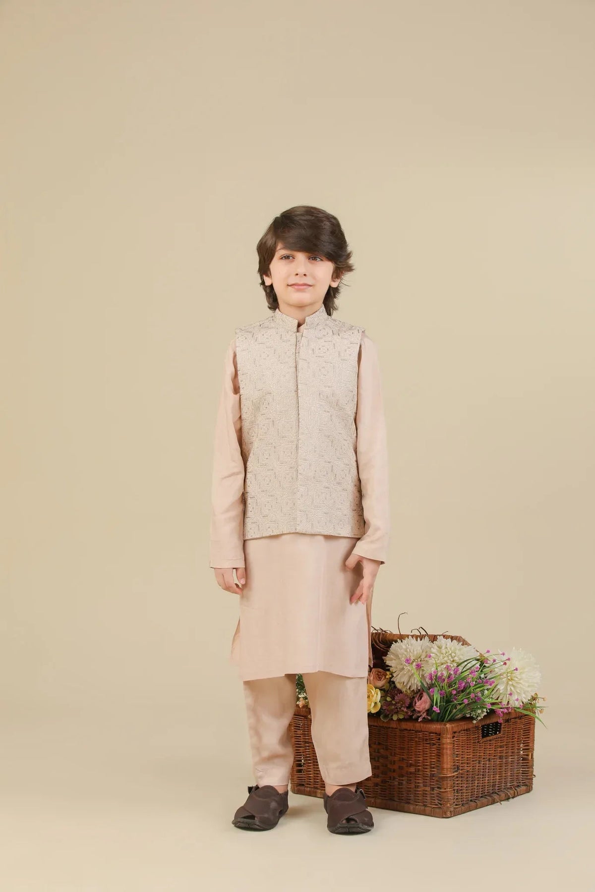 Coffee Beige Square Embroidered Waistcoat - Kids
