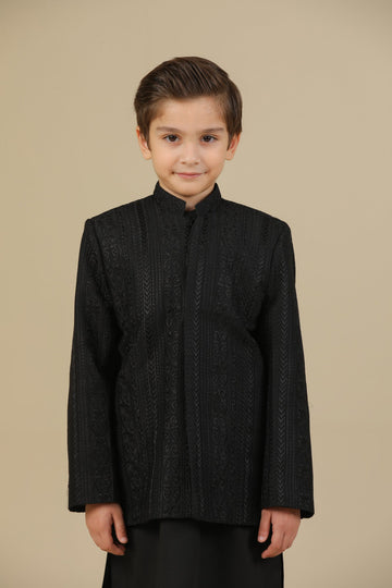 Black Cross Stitched Embroidered Prince Coat - Kids