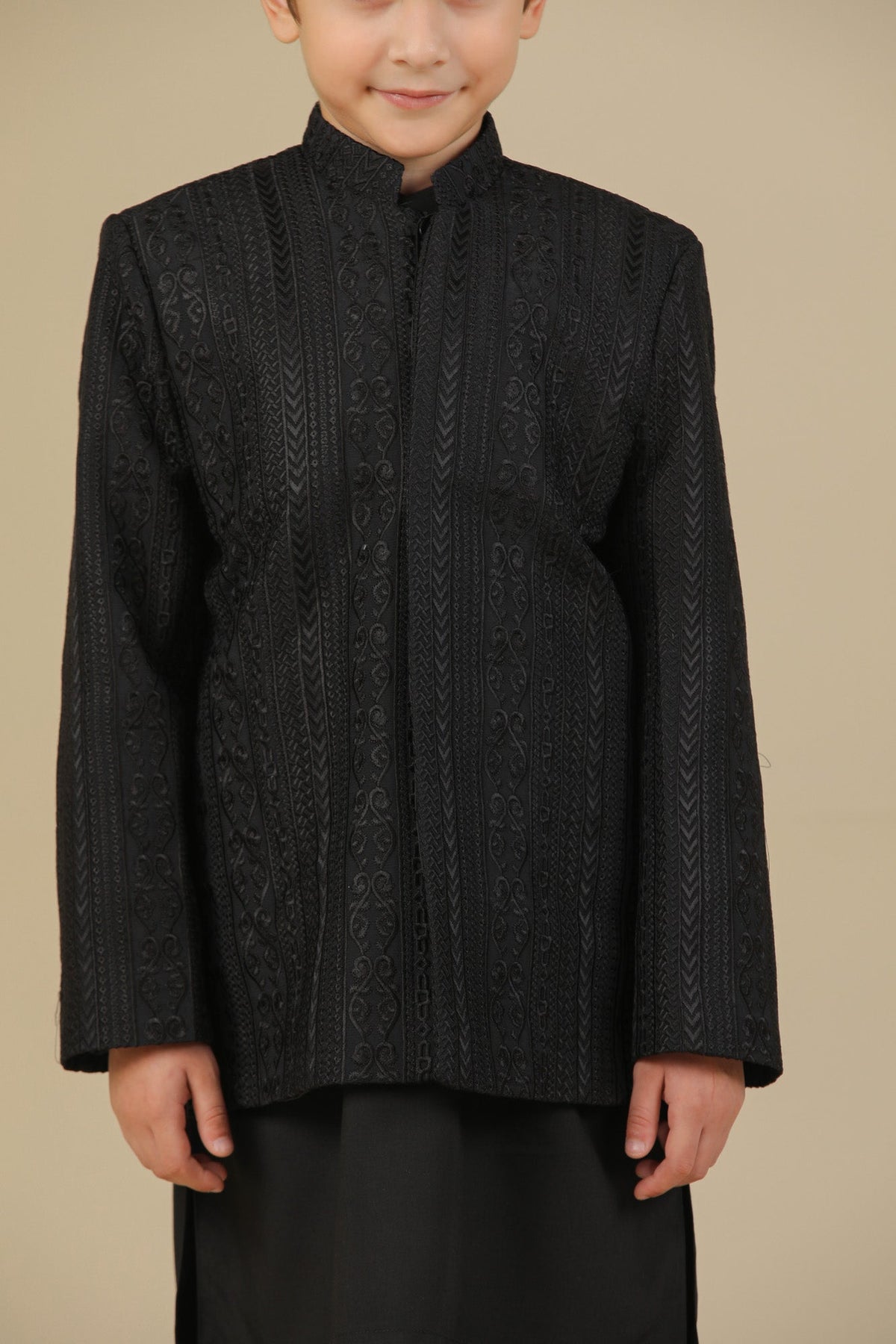 Black Cross Stitched Embroidered Prince Coat - Kids