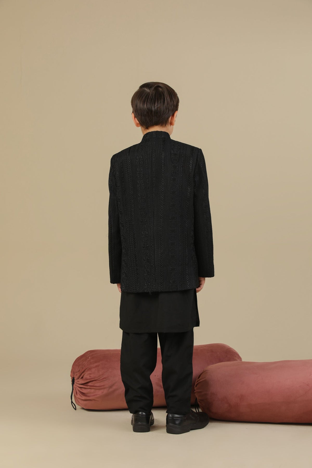 Black Cross Stitched Embroidered Prince Coat - Kids