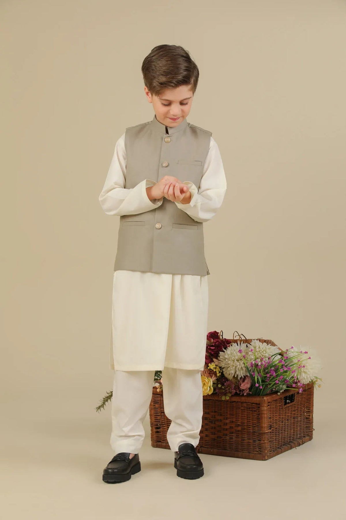 Beige Suiting Waistcoat - Straight Cut Buttoned - Kids