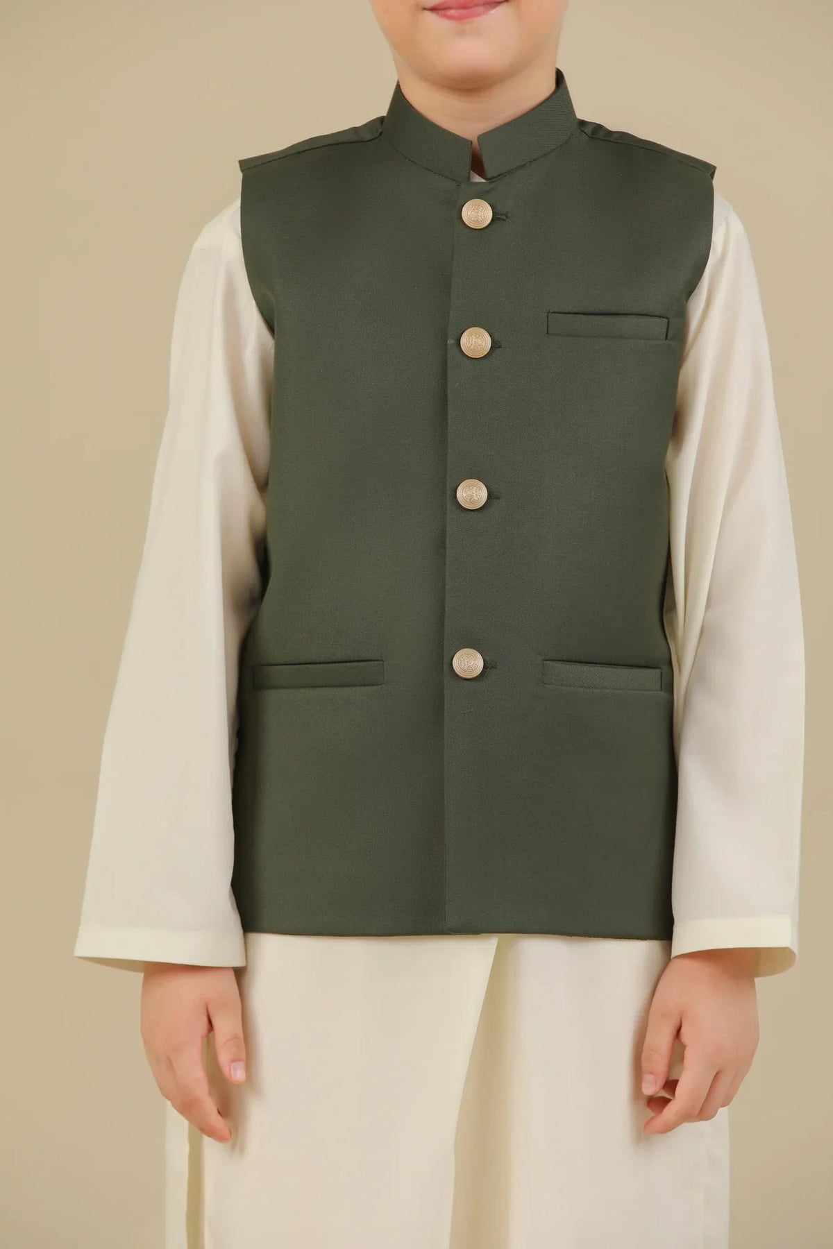 Army Green Suiting Waistcoat - Straight Cut Buttoned - Kids