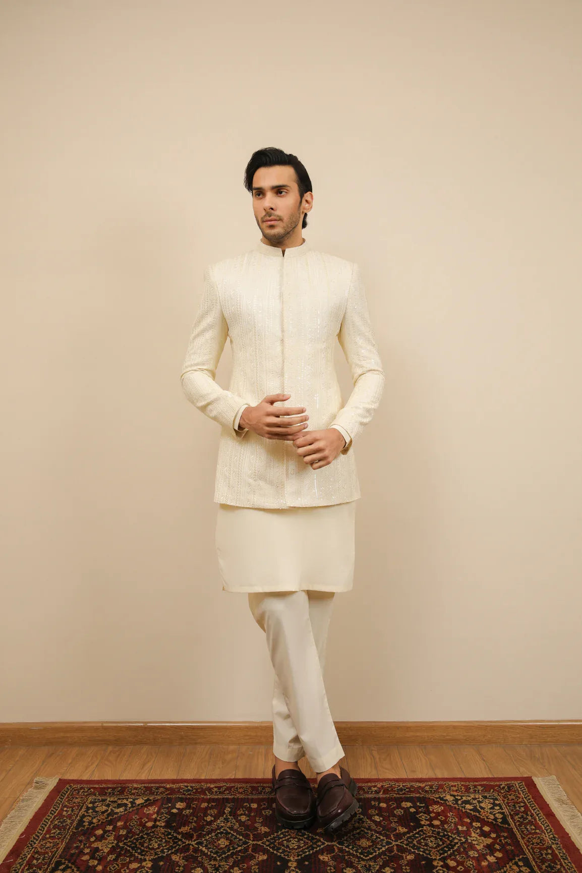 Bosky White Falling Embroidered Prince Coat - Men