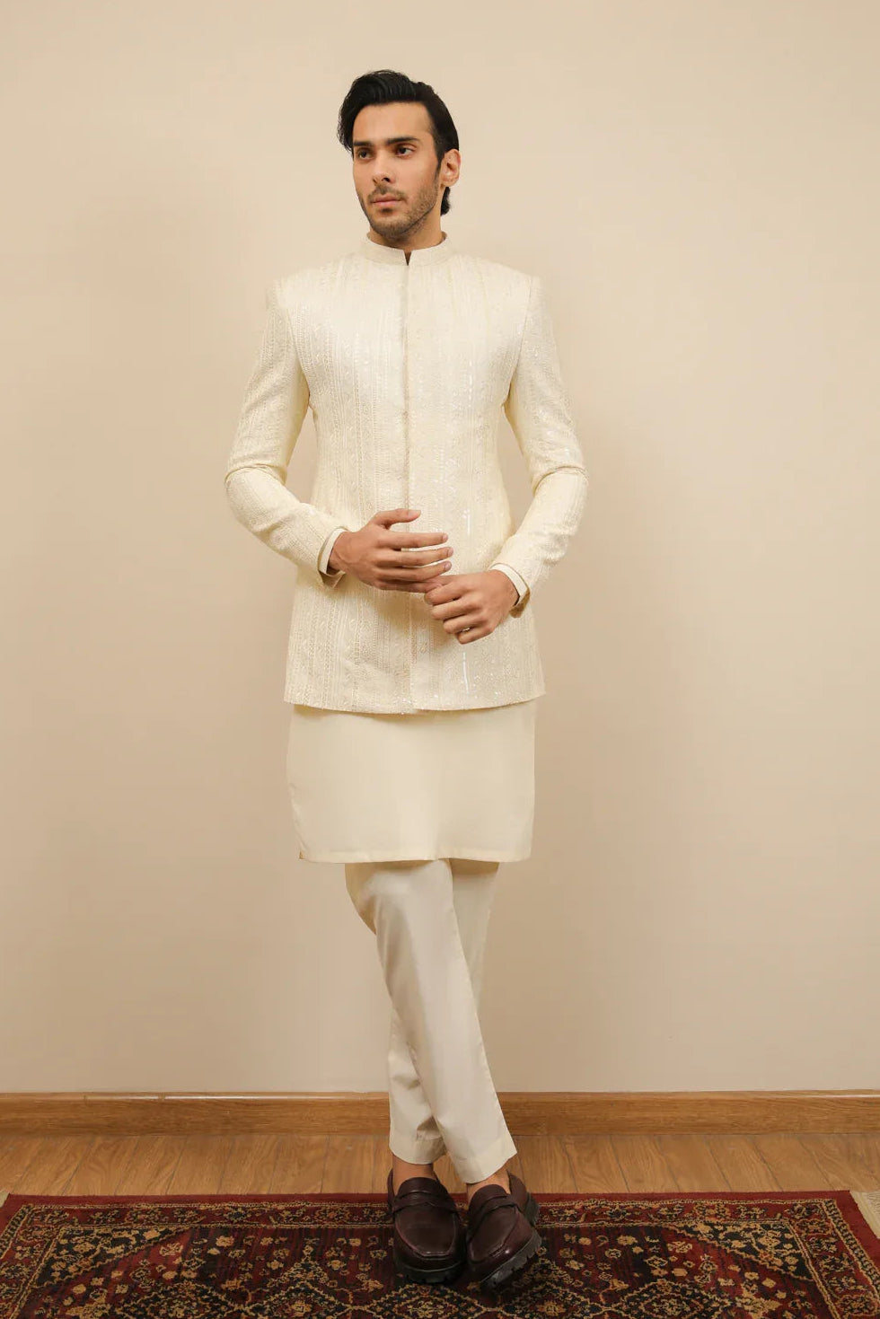 Bosky White Kurta Trouser with Falling Embroidered Prince Coat - 3PC - Men