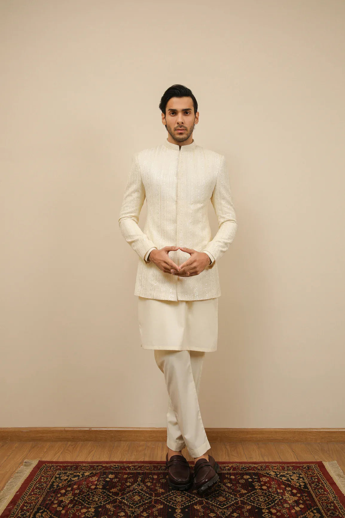 Bosky White Falling Embroidered Prince Coat - Men