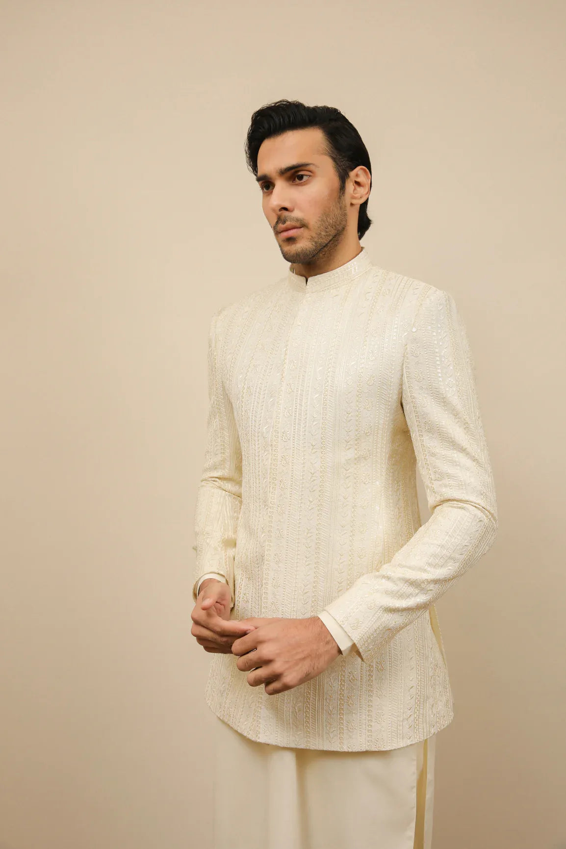 Bosky White Falling Embroidered Prince Coat - Men