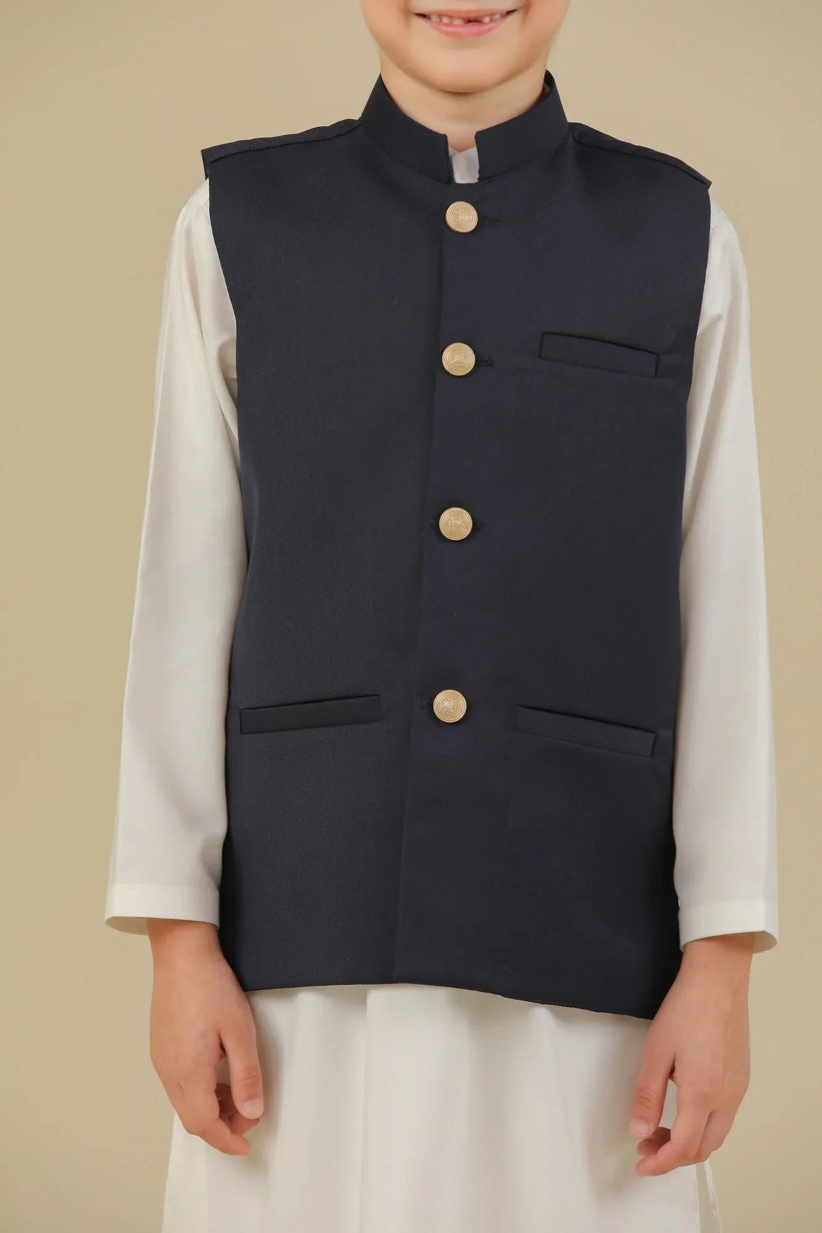 Navy Blue Suiting Waistcoat - Straight Cut Buttoned - Kids