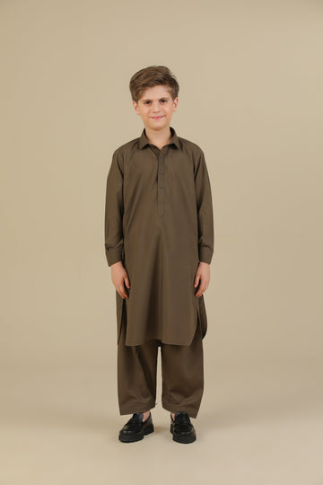 Olive Green French Collar Kurta Trouser - Kids