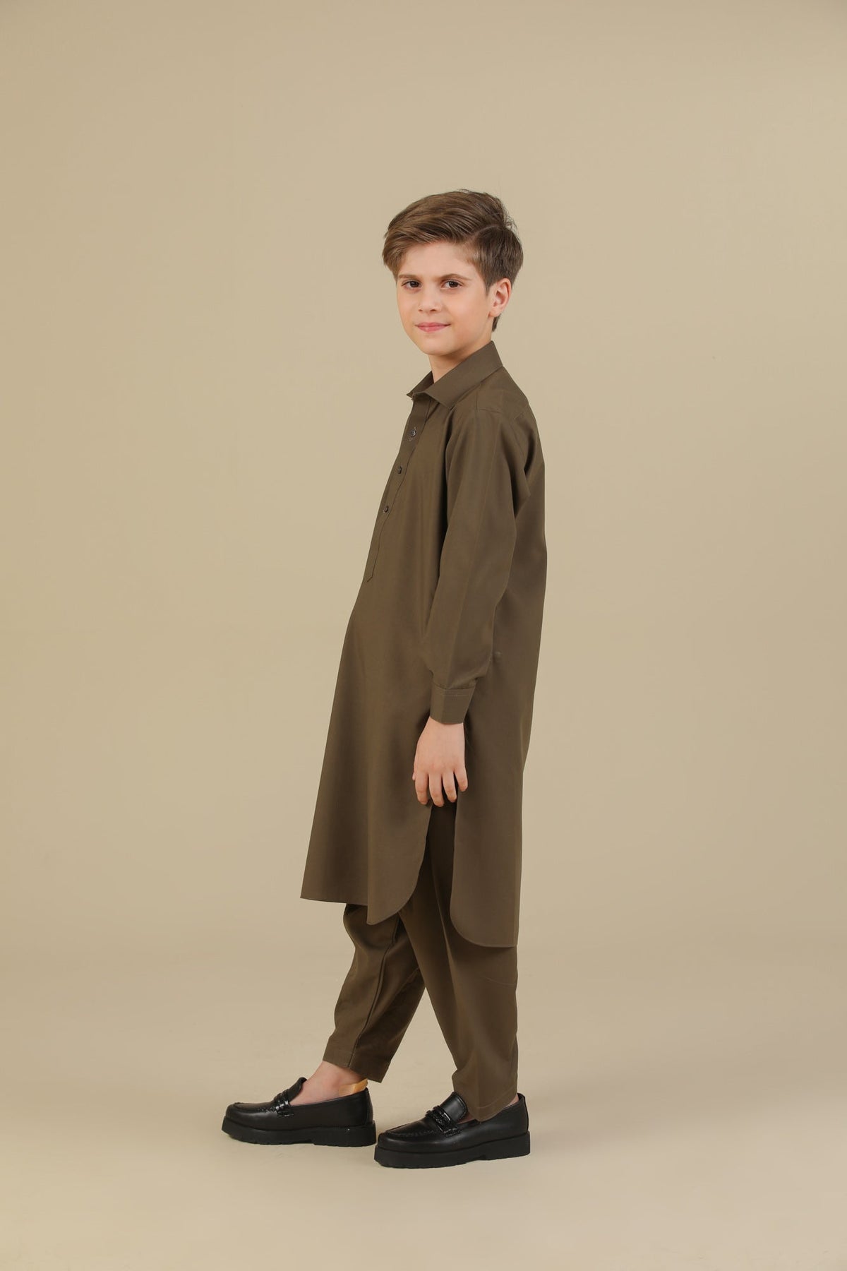 Olive Green French Collar Kurta Trouser - Kids