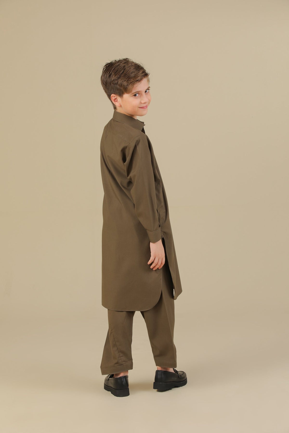 Olive Green French Collar Kurta Trouser - Kids