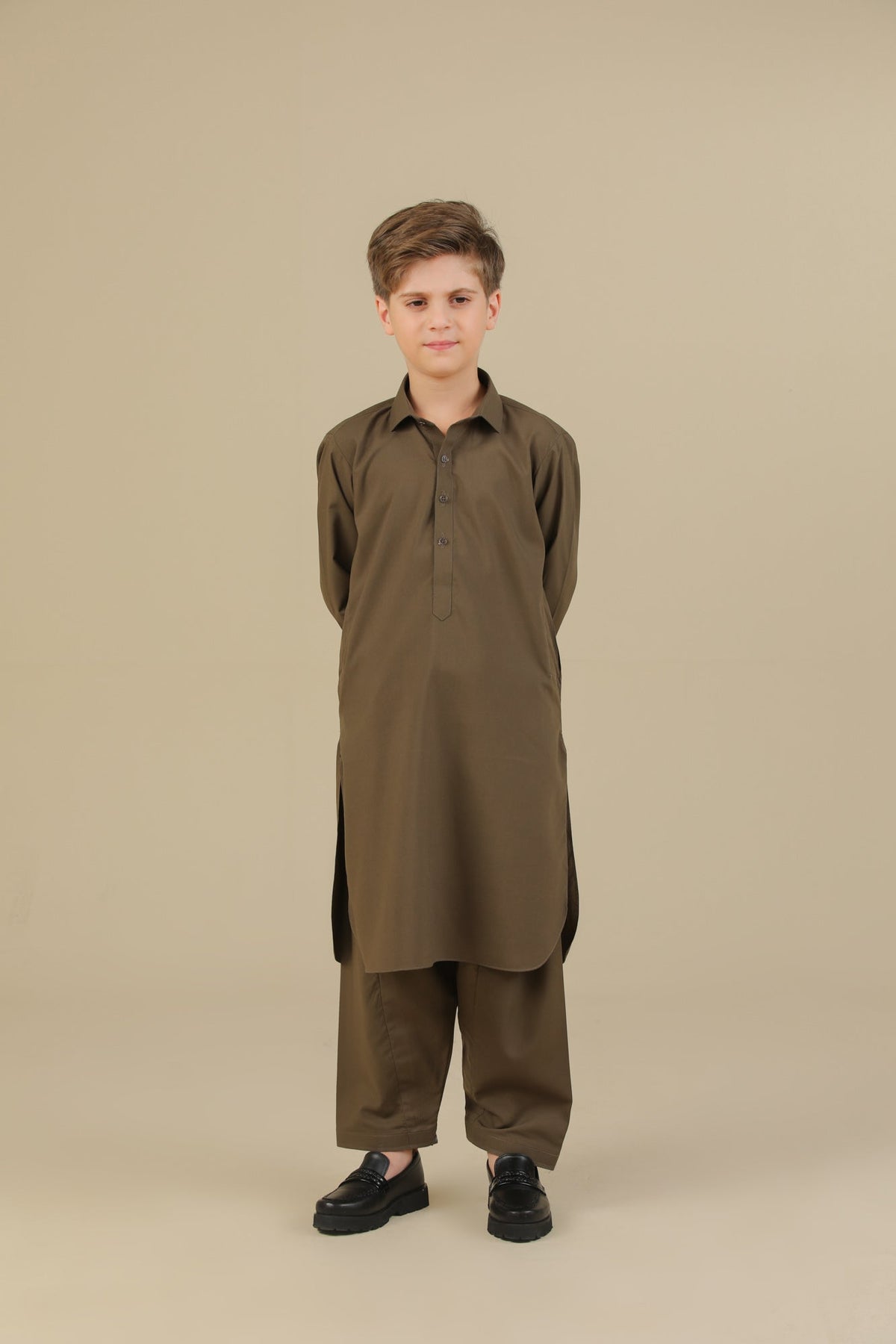 Olive Green French Collar Kurta Trouser - Kids