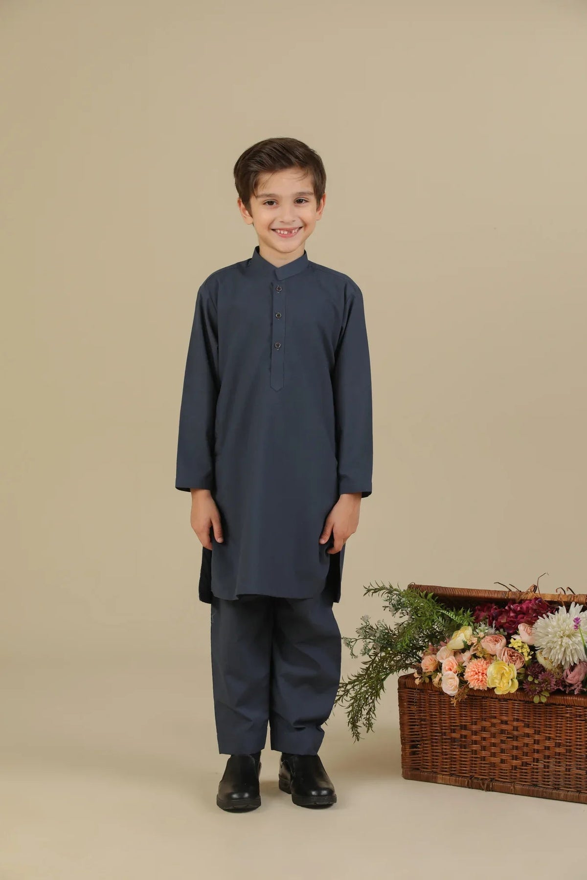 Charcoal Grey Blended Kurta Trouser - Kids