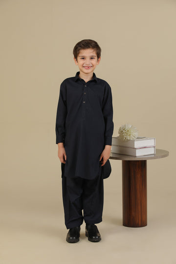 Navy Blue French Collar Kurta Trouser - Kids