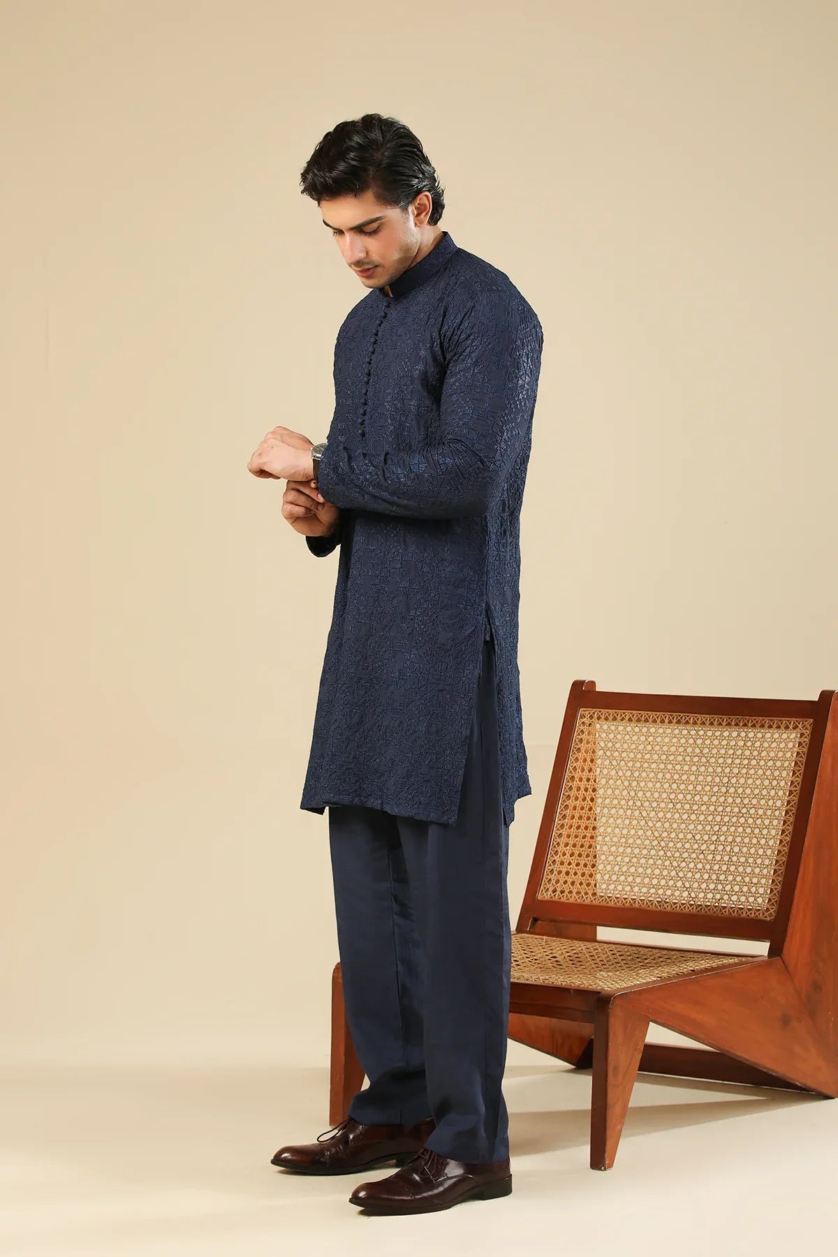 Feroz - Dark Blue Raw Silk Embroidered Kurta Trouser - Men