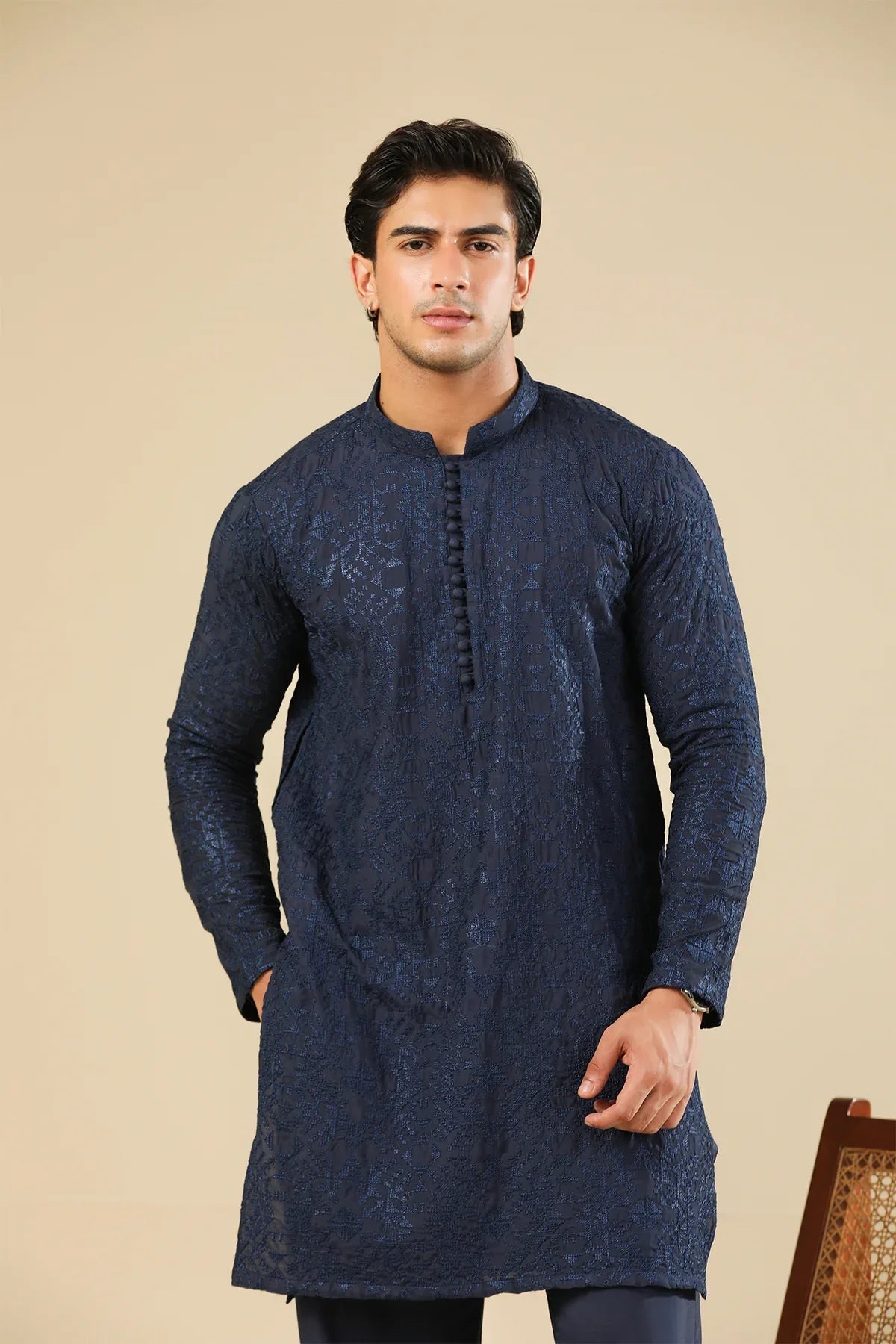 Feroz - Dark Blue Raw Silk Embroidered Kurta Trouser - Men