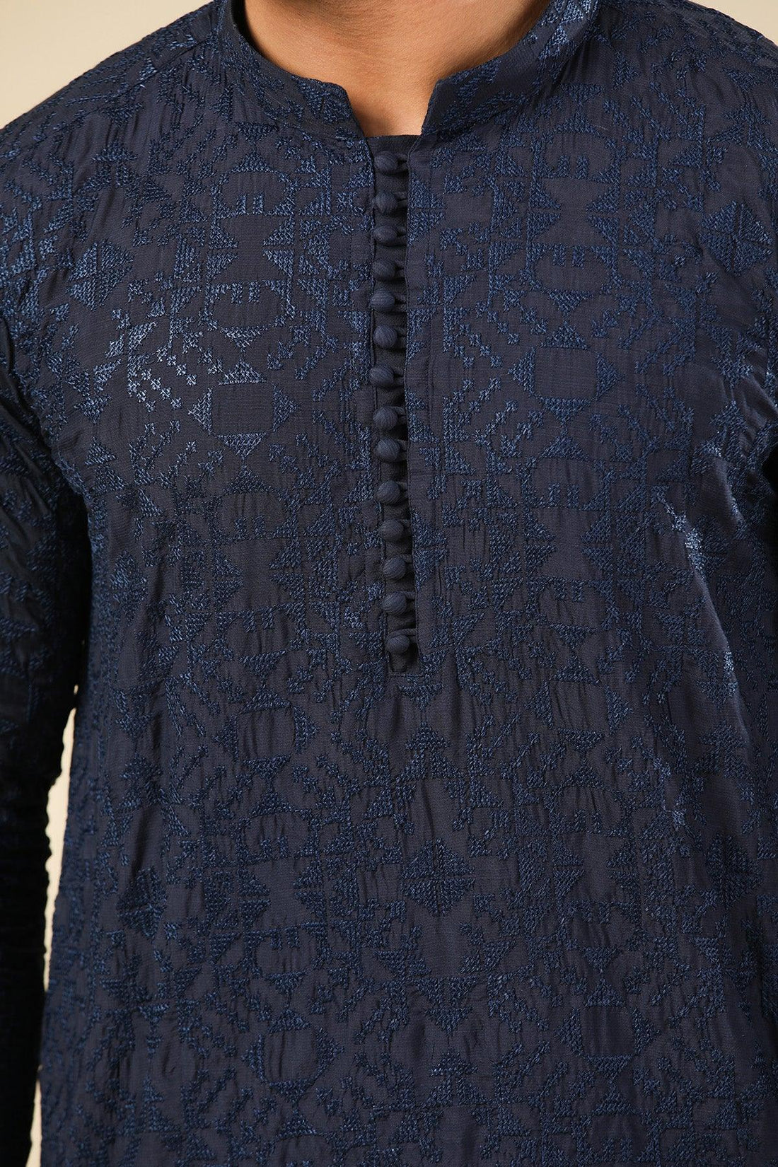 Feroz - Dark Blue Raw Silk Embroidered Kurta Trouser - Men