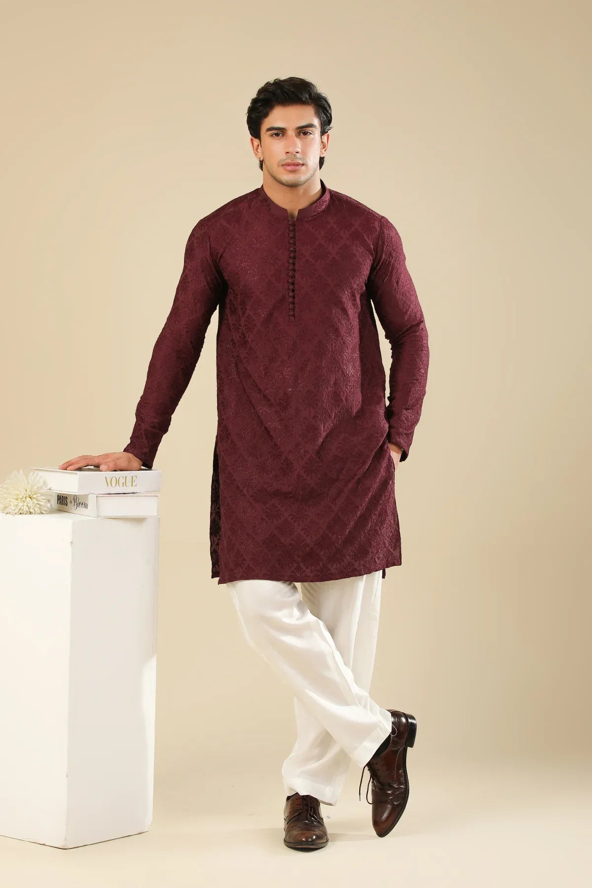 Miras - Maroon Raw Silk Embroidered Kurta Trouser - Men