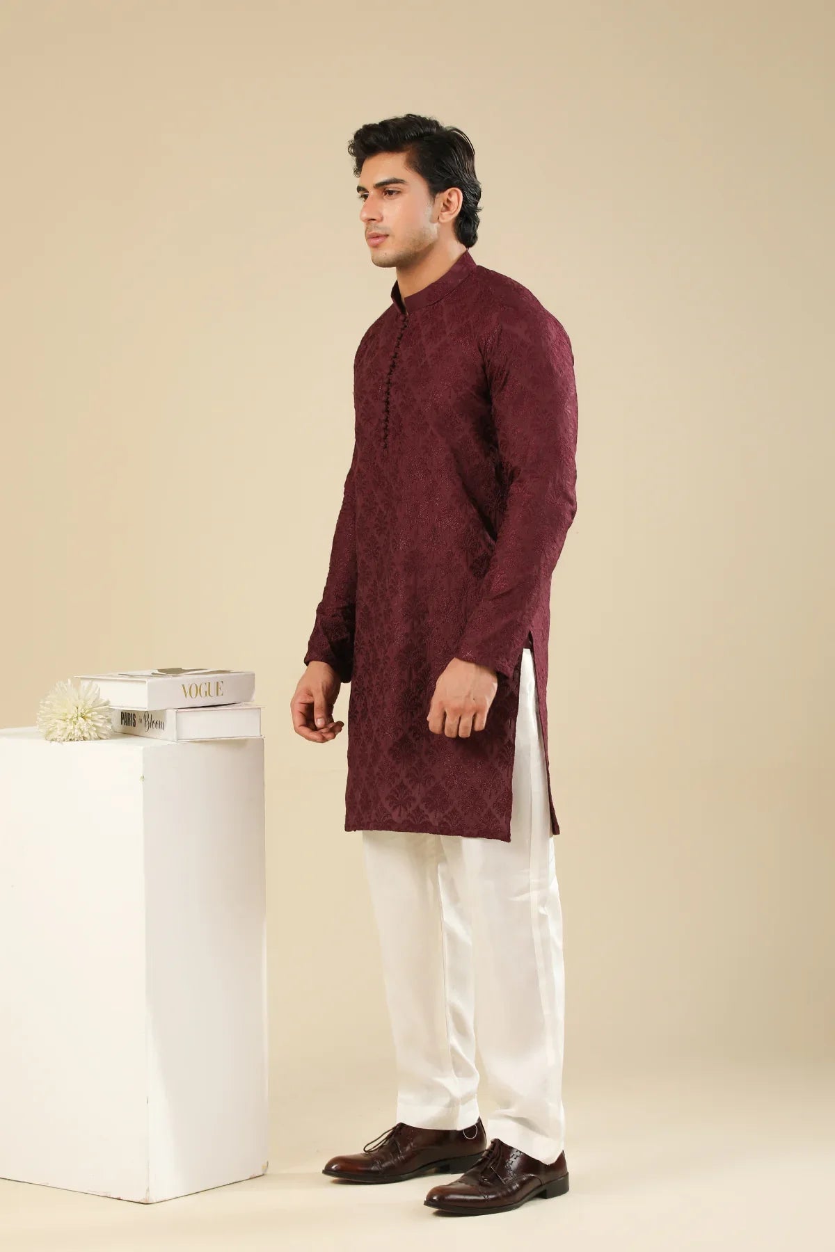 Miras - Maroon Raw Silk Embroidered Kurta Trouser - Men