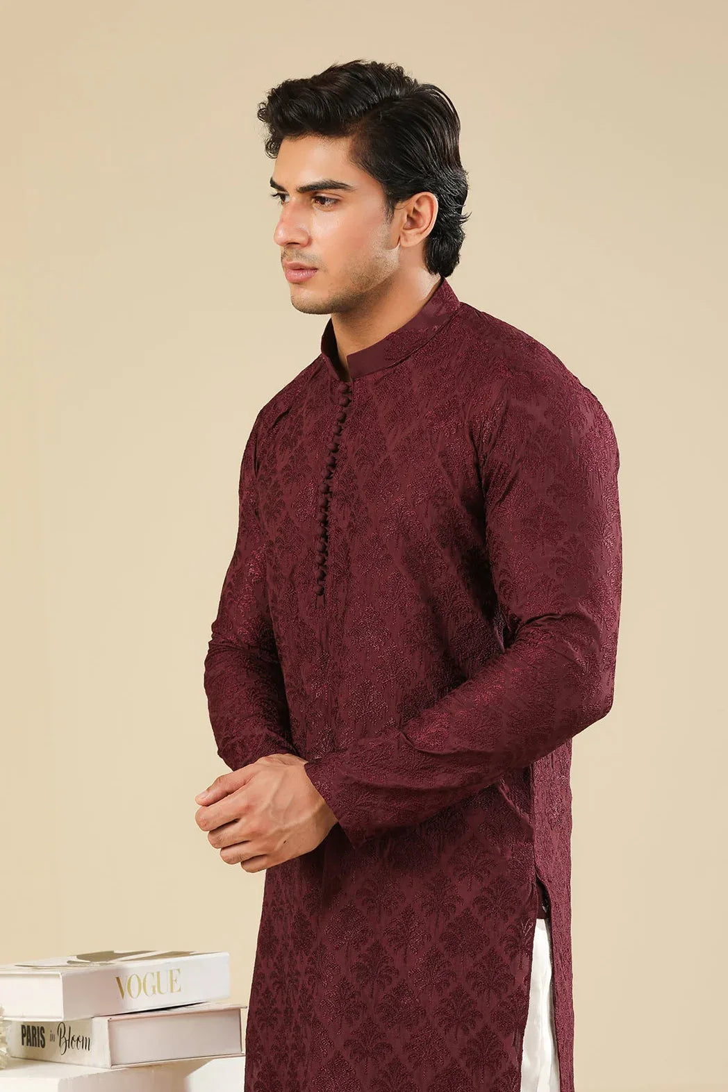 Miras - Maroon Raw Silk Embroidered Kurta Trouser - Men