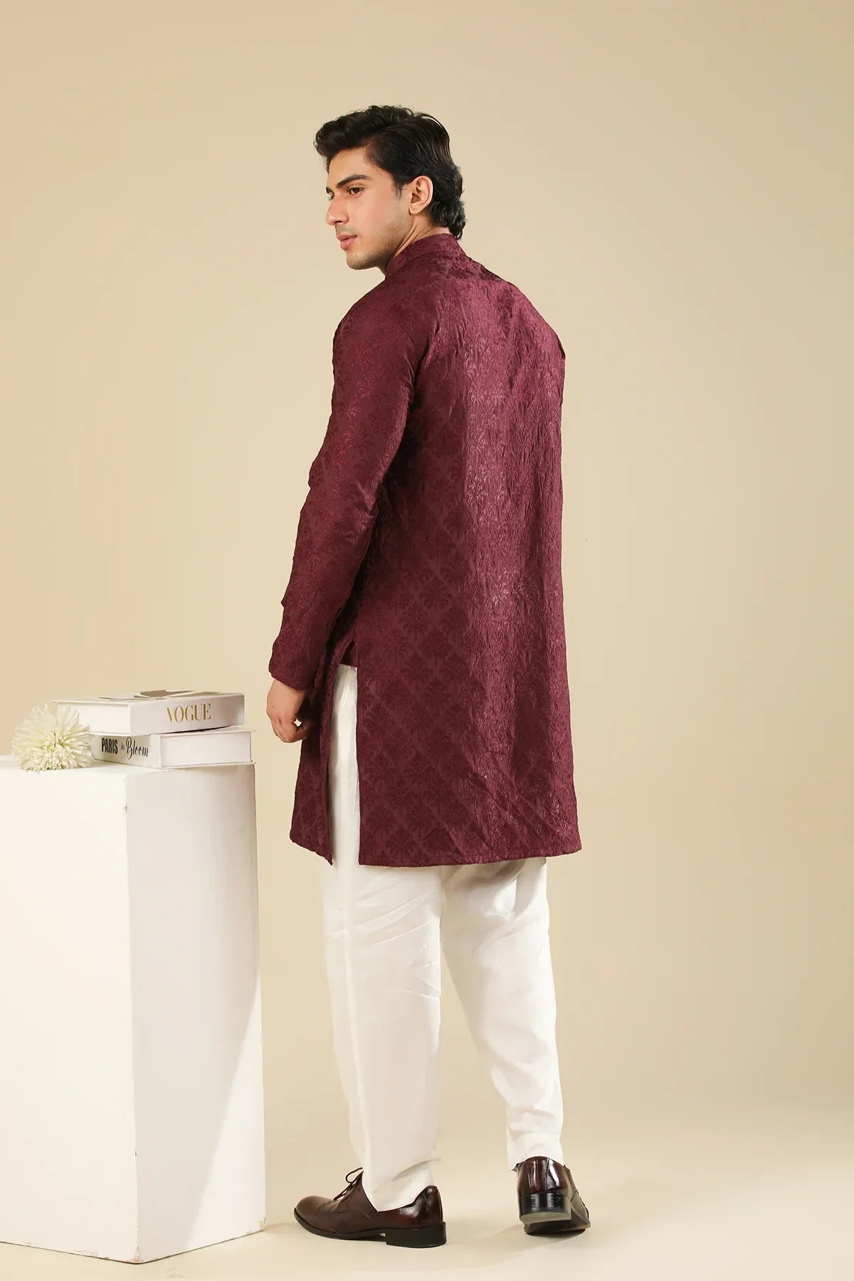 Miras - Maroon Raw Silk Embroidered Kurta Trouser - Men