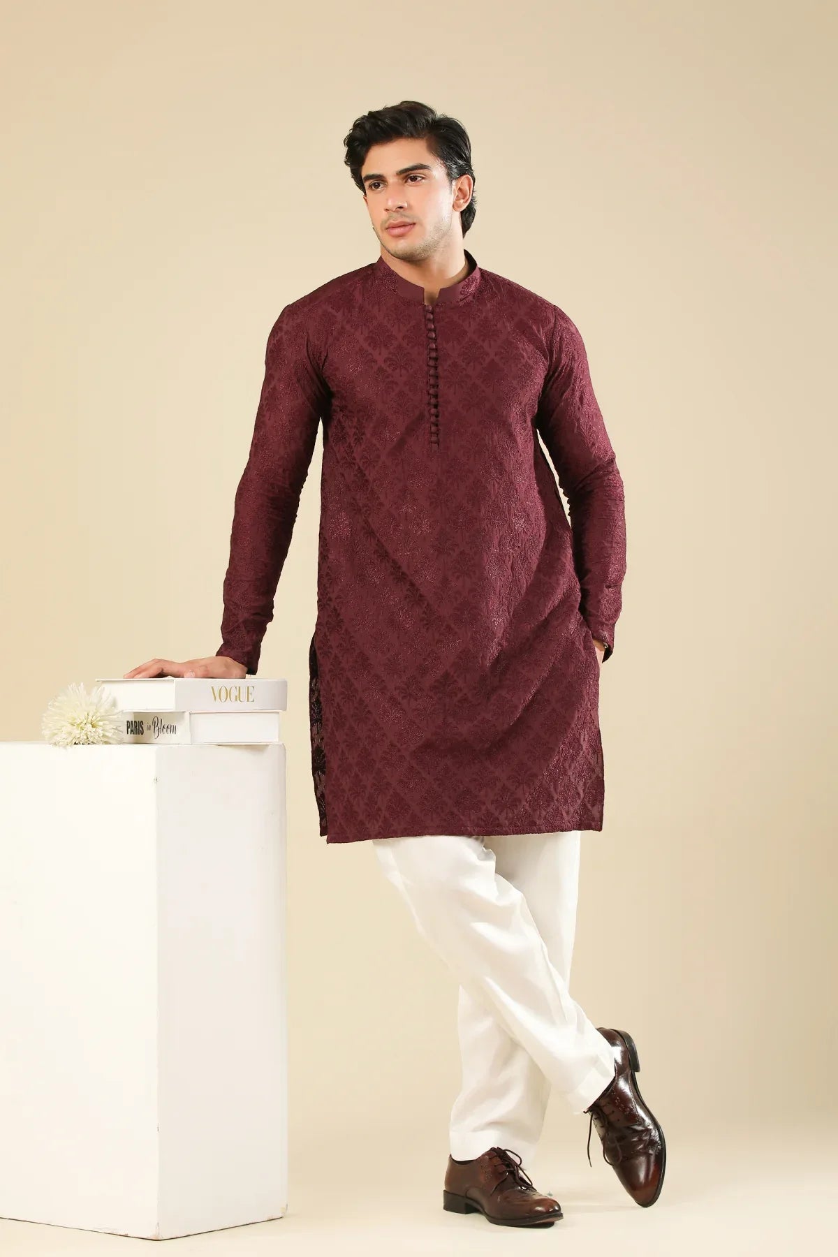 Miras - Maroon Raw Silk Embroidered Kurta Trouser - Men