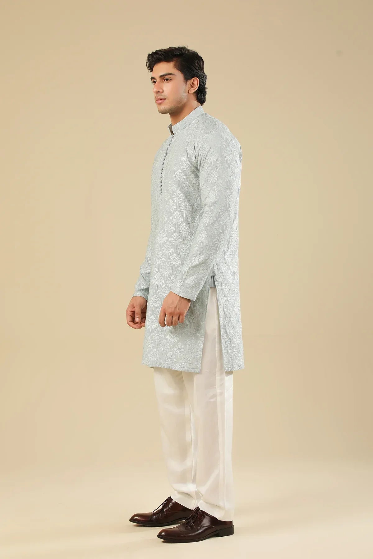 Abroo - Ice Blue Raw Silk Embroidered Kurta Trouser - Men
