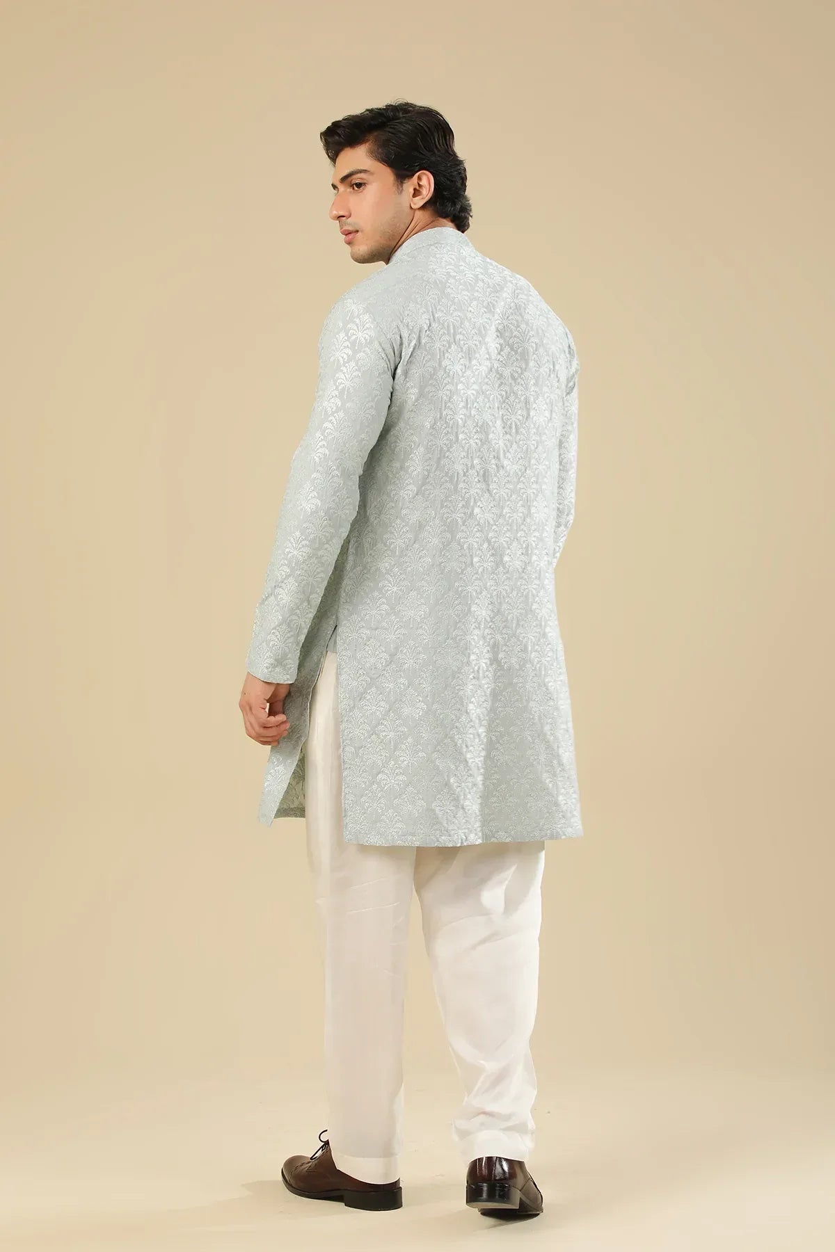 Abroo - Ice Blue Raw Silk Embroidered Kurta Trouser - Men