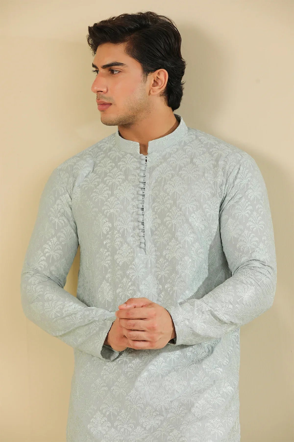 Abroo - Ice Blue Raw Silk Embroidered Kurta Trouser - Men