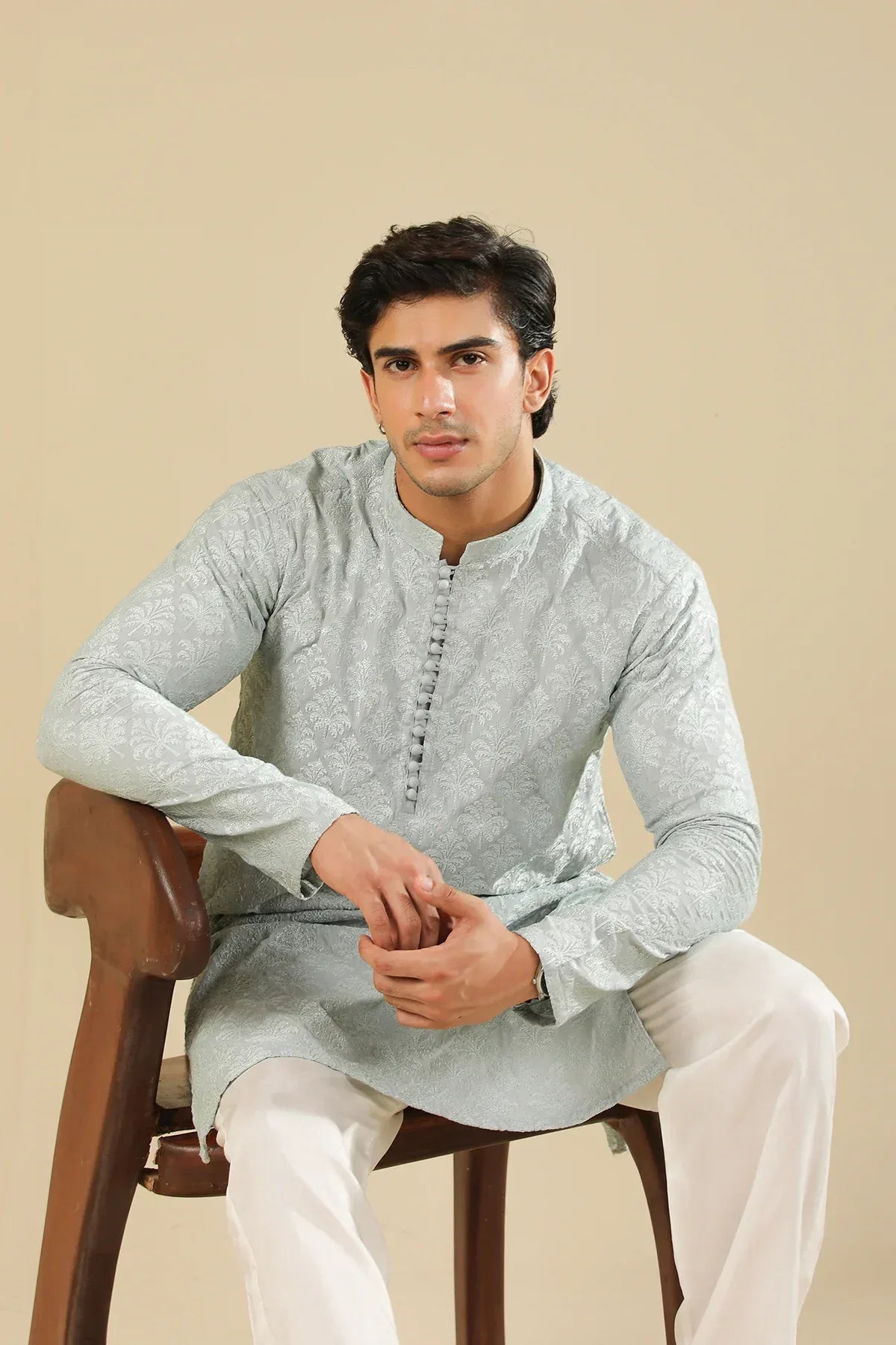 Abroo - Ice Blue Raw Silk Embroidered Kurta Trouser - Men
