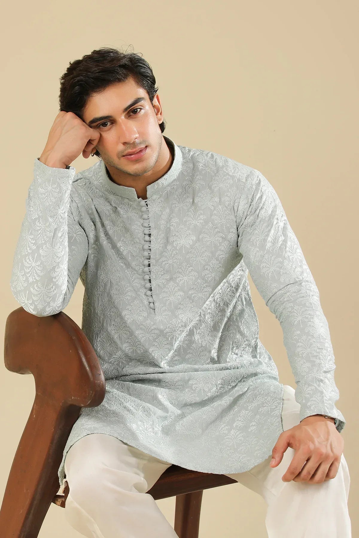 Abroo - Ice Blue Raw Silk Embroidered Kurta Trouser - Men