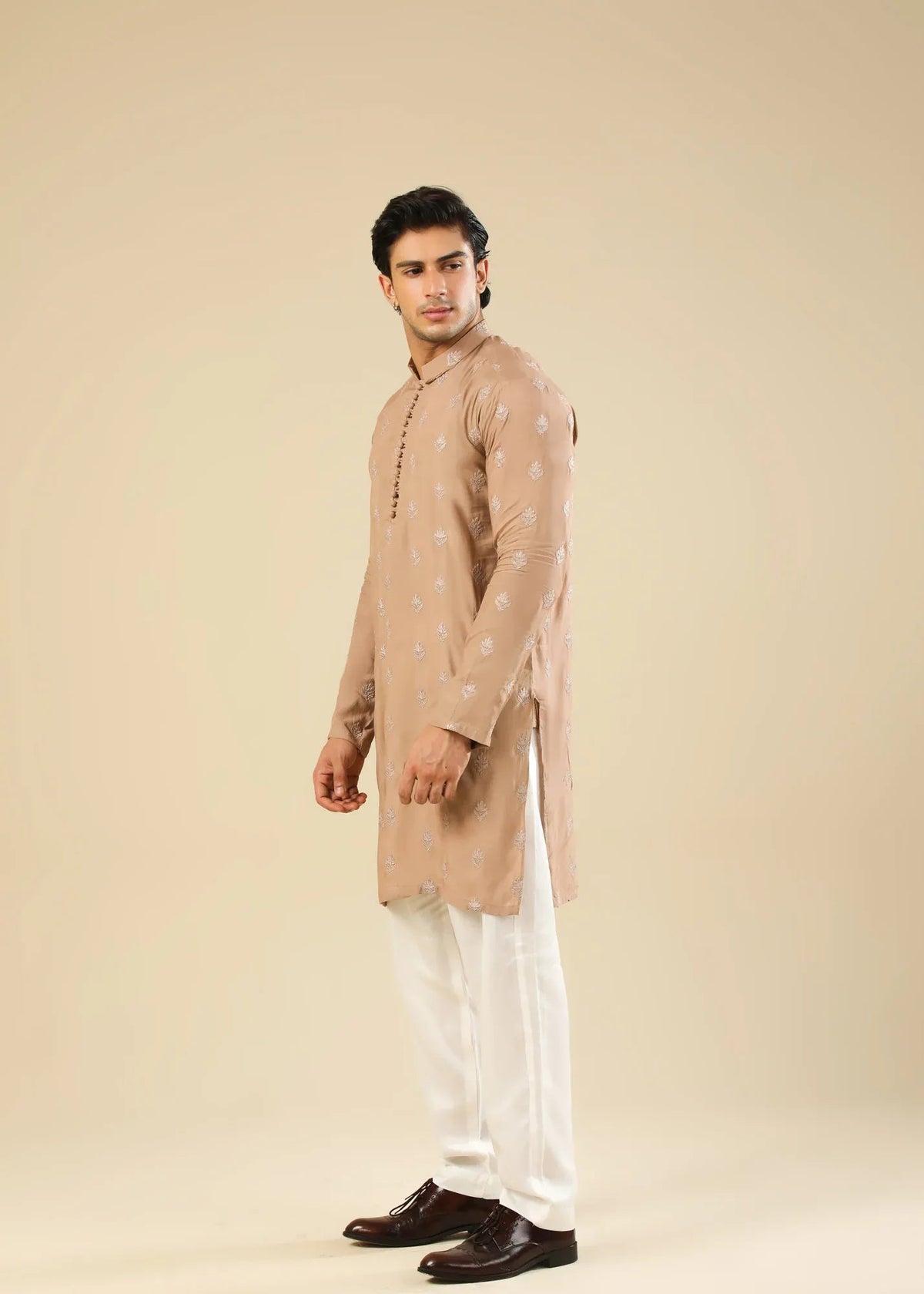 Mehrab - Sandstone Raw Silk Embroidered Kurta Trouser - Men