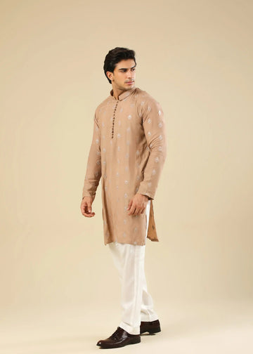 Mehrab - Sandstone Raw Silk Embroidered Kurta Trouser - Men