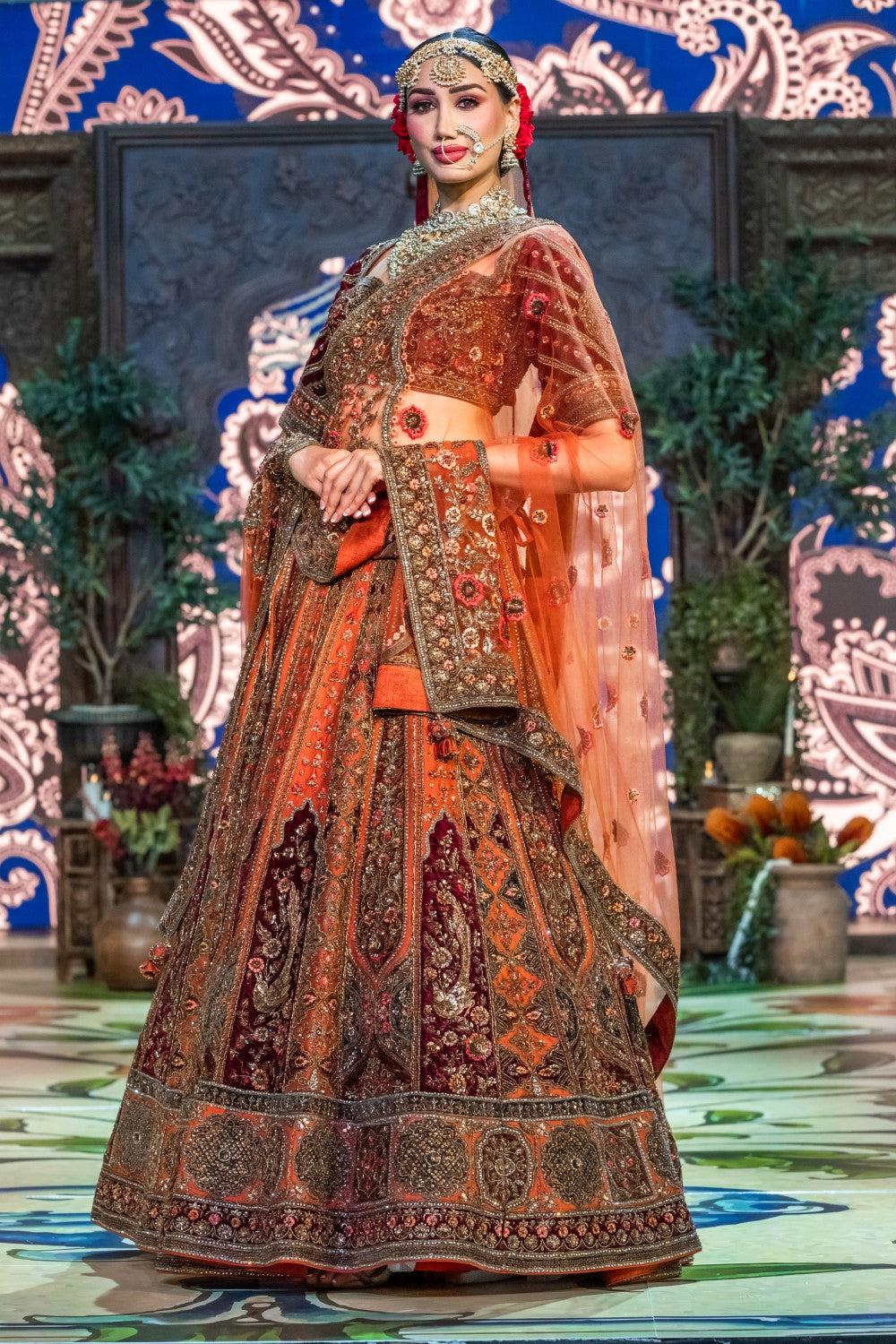 Orange Raw Silk Embroidery Resham Leaf Neck Dehli Kali Bridal Lehenga Set Main image