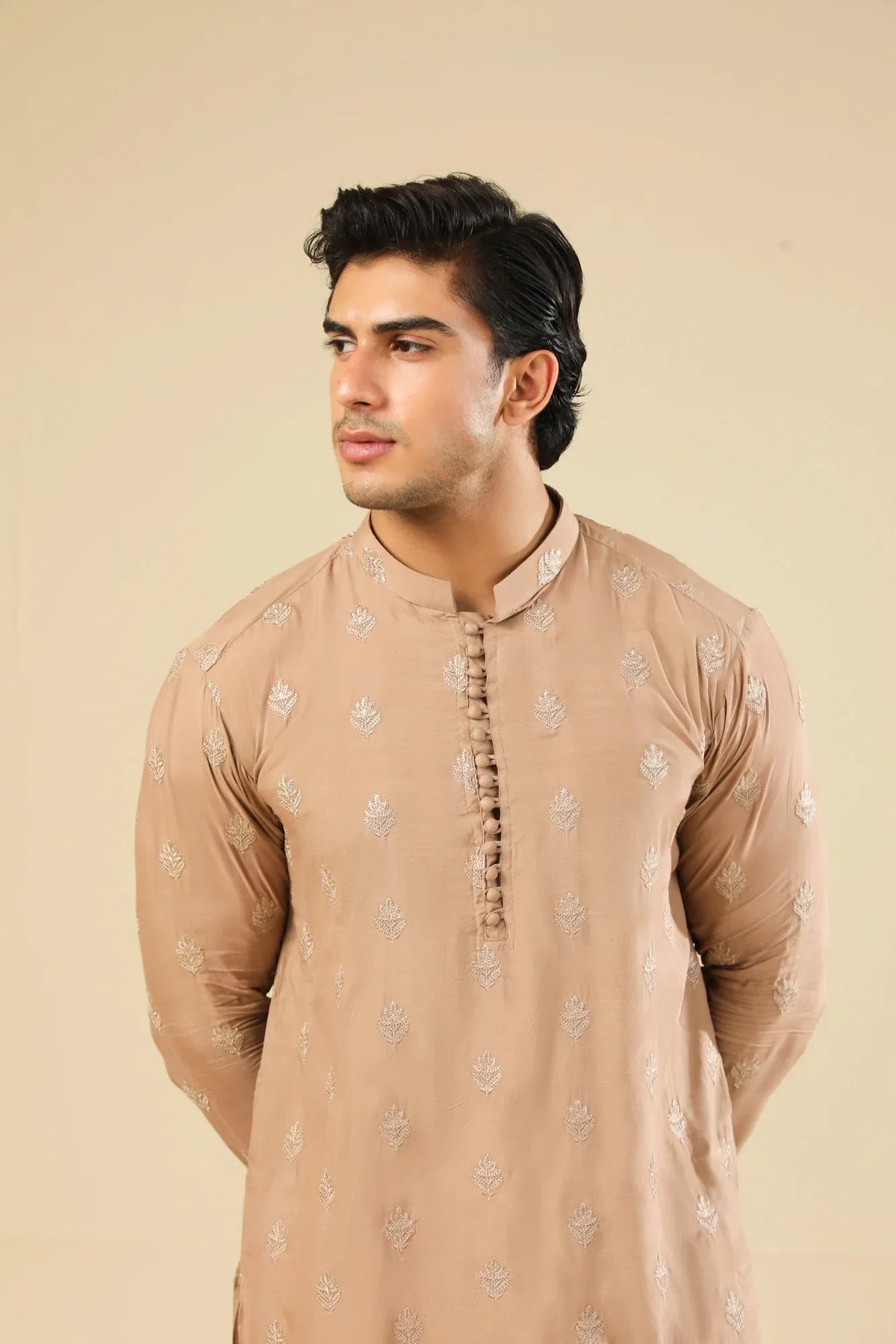 Mehrab - Sandstone Raw Silk Embroidered Kurta Trouser - Men