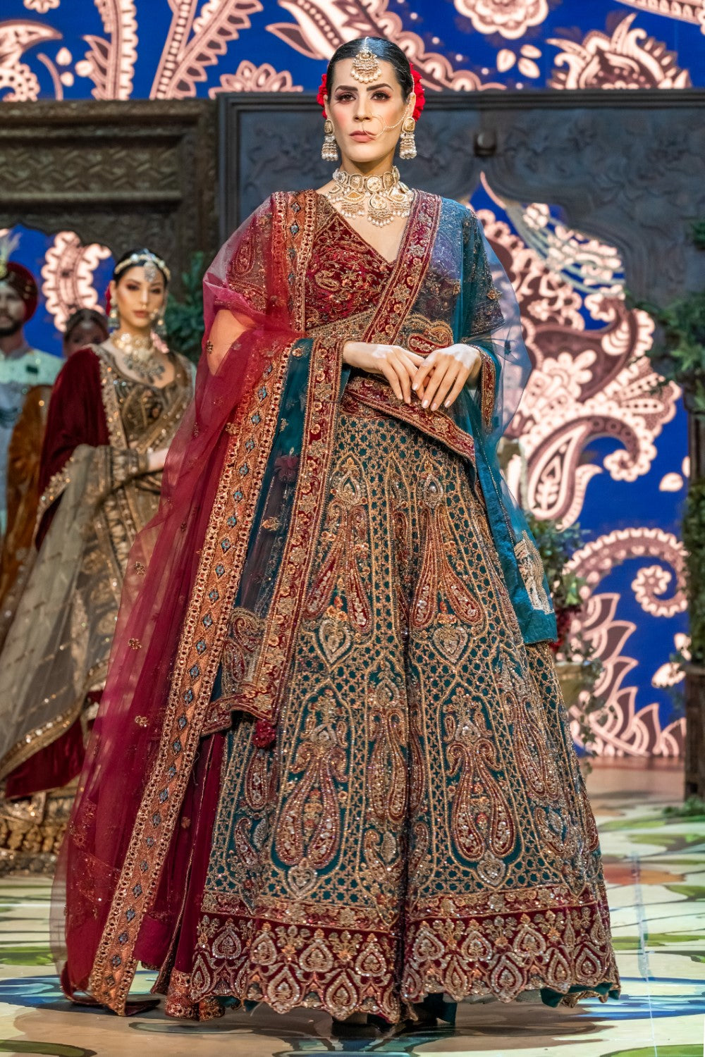 Maroon Embroidered Floral Notched Neck Ananya Bridal Lehenga Set