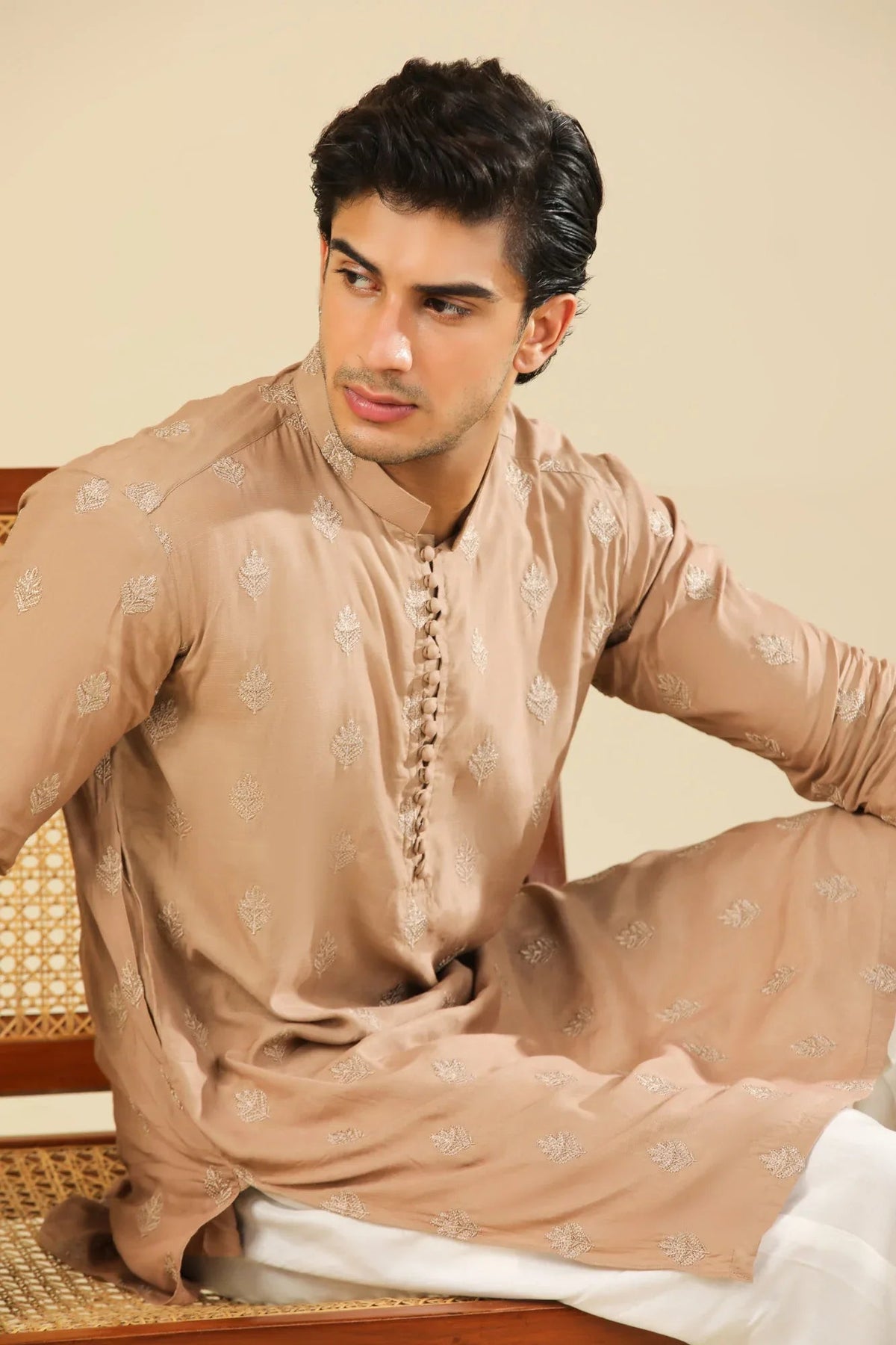 Mehrab - Sandstone Raw Silk Embroidered Kurta Trouser - Men