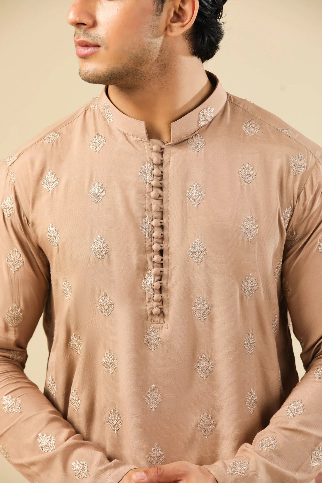 Mehrab - Sandstone Raw Silk Embroidered Kurta Trouser - Men
