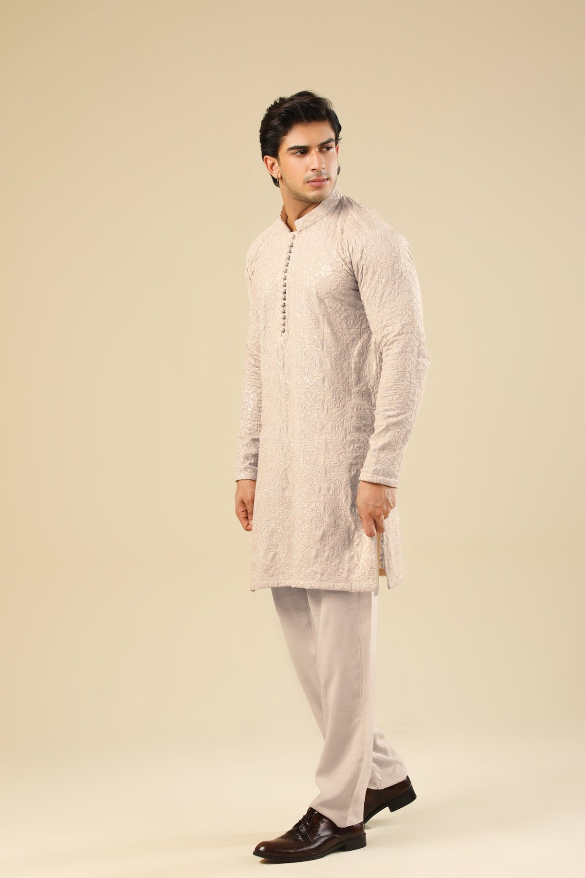 Tabir - Beige Raw Silk Embroidered Kurta Trouser - Men