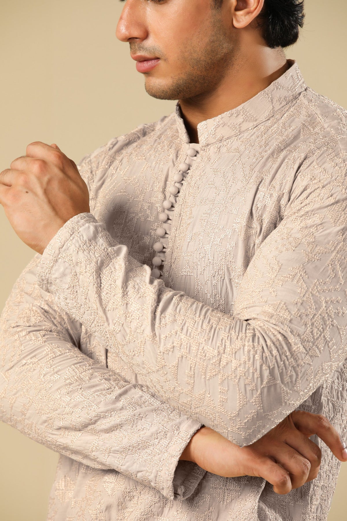 Tabir - Beige Raw Silk Embroidered Kurta Trouser - Men