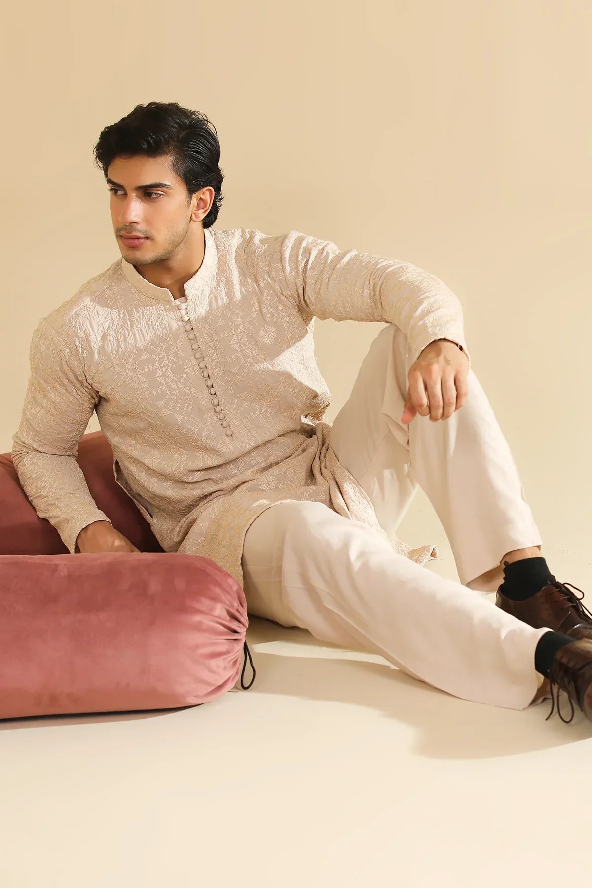 Tabir - Beige Raw Silk Embroidered Kurta Trouser - Men