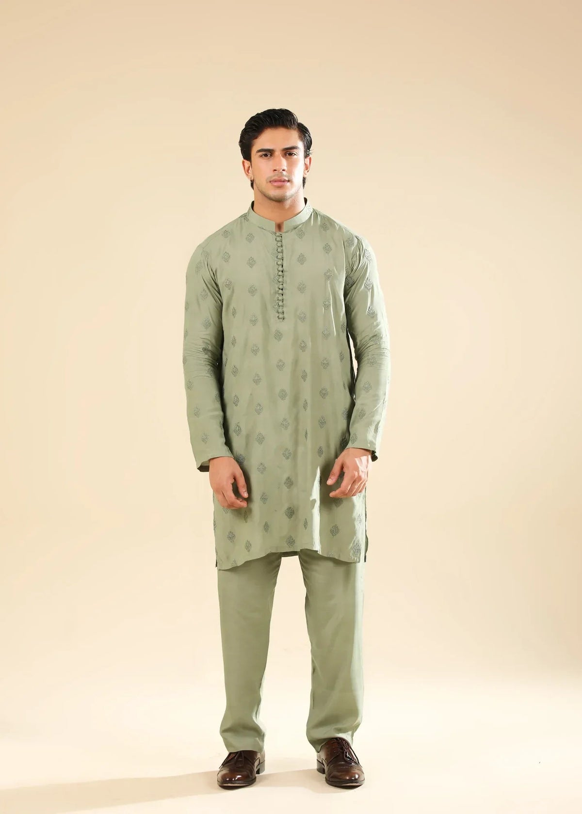 Bahaar - Mint Raw Silk Embroidered Kurta Trouser - Men