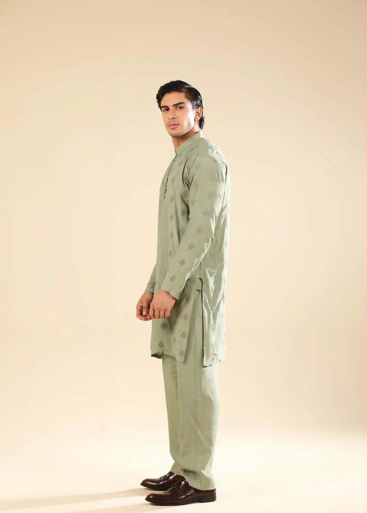 Bahaar - Mint Raw Silk Embroidered Kurta Trouser - Men