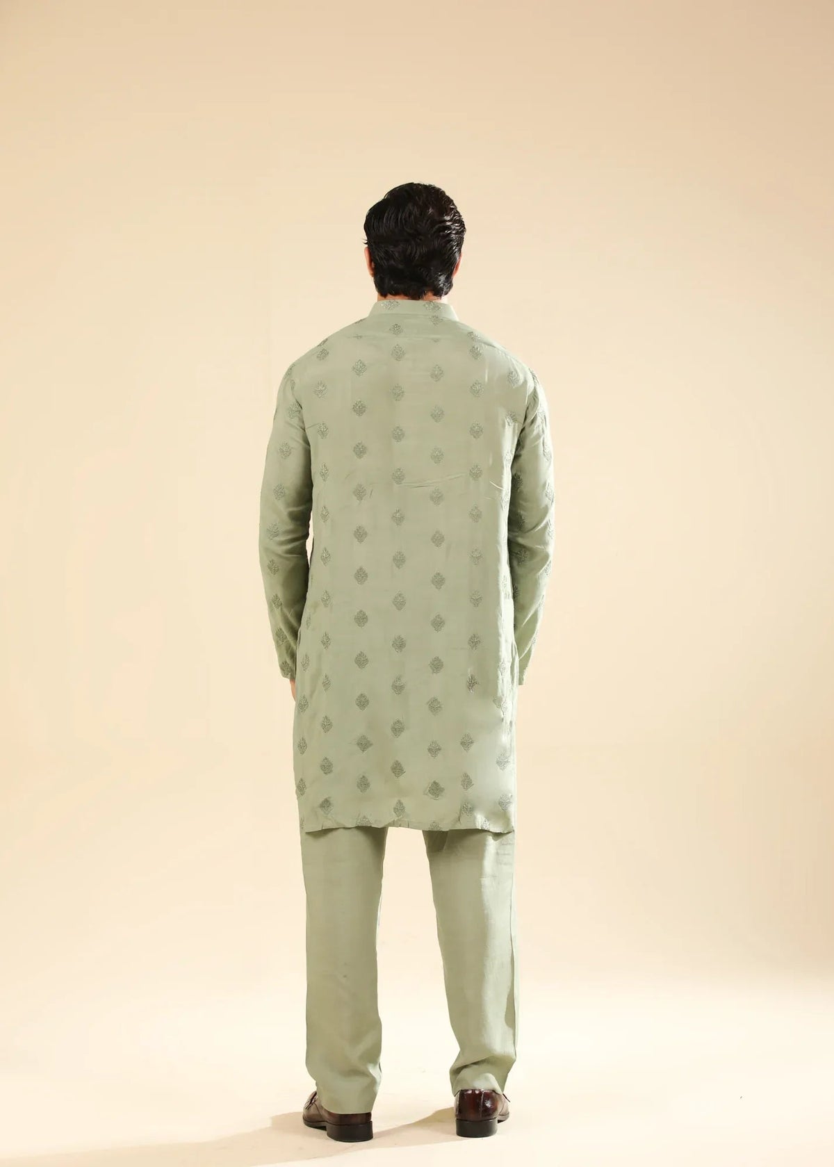 Bahaar - Mint Raw Silk Embroidered Kurta Trouser - Men